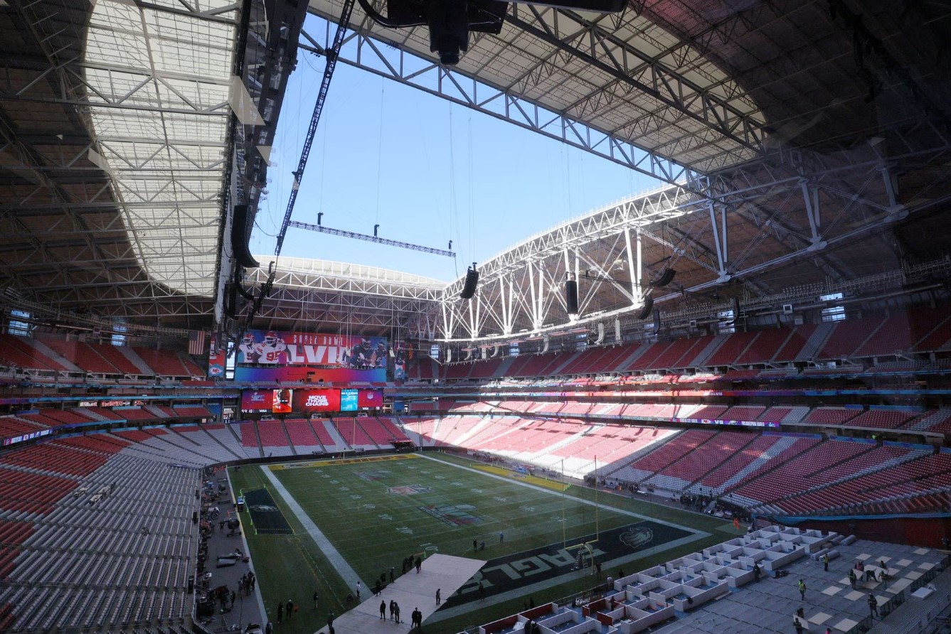 Workers prepare the stadium for Super Bowl LVII in Glendale, Arizona, Feb. 11, 2023.