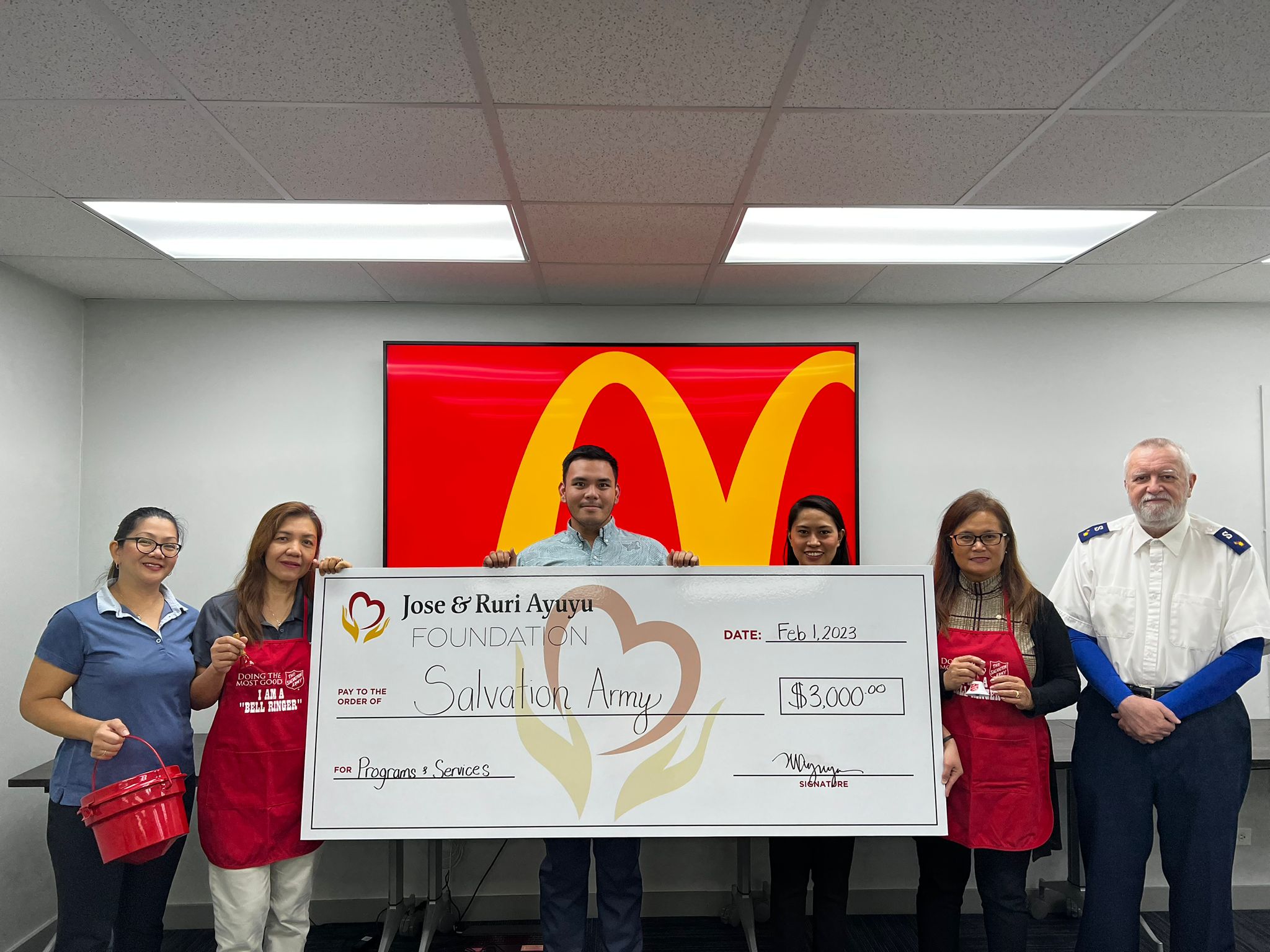 The Salvation Army received a $3,000 donation from the Jose and Ruri Ayuyu Foundation.