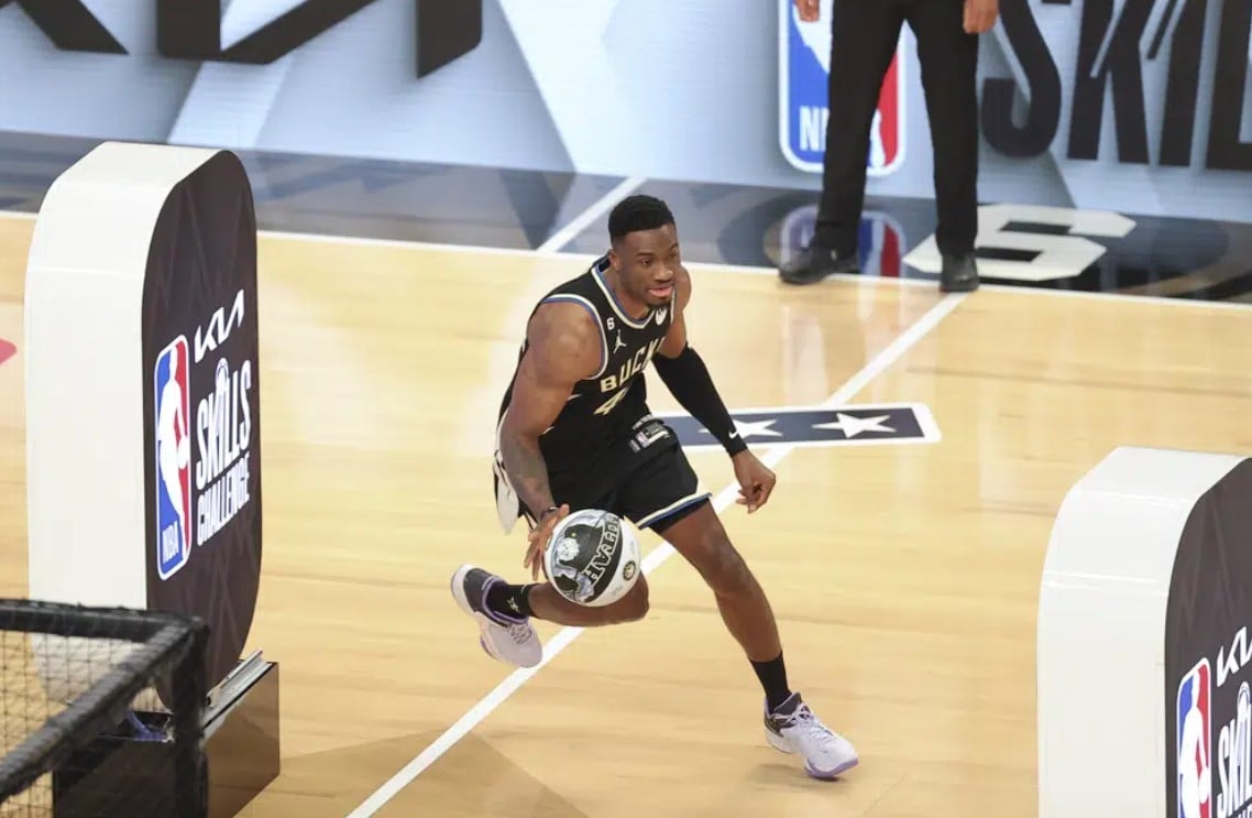 Thanasis Antetokounmpo of the Milwaukee Bucks dribbles during the skills challenge of the NBA basketball All-Star weekend Saturday, Feb. 18, 2023, in Salt Lake City.