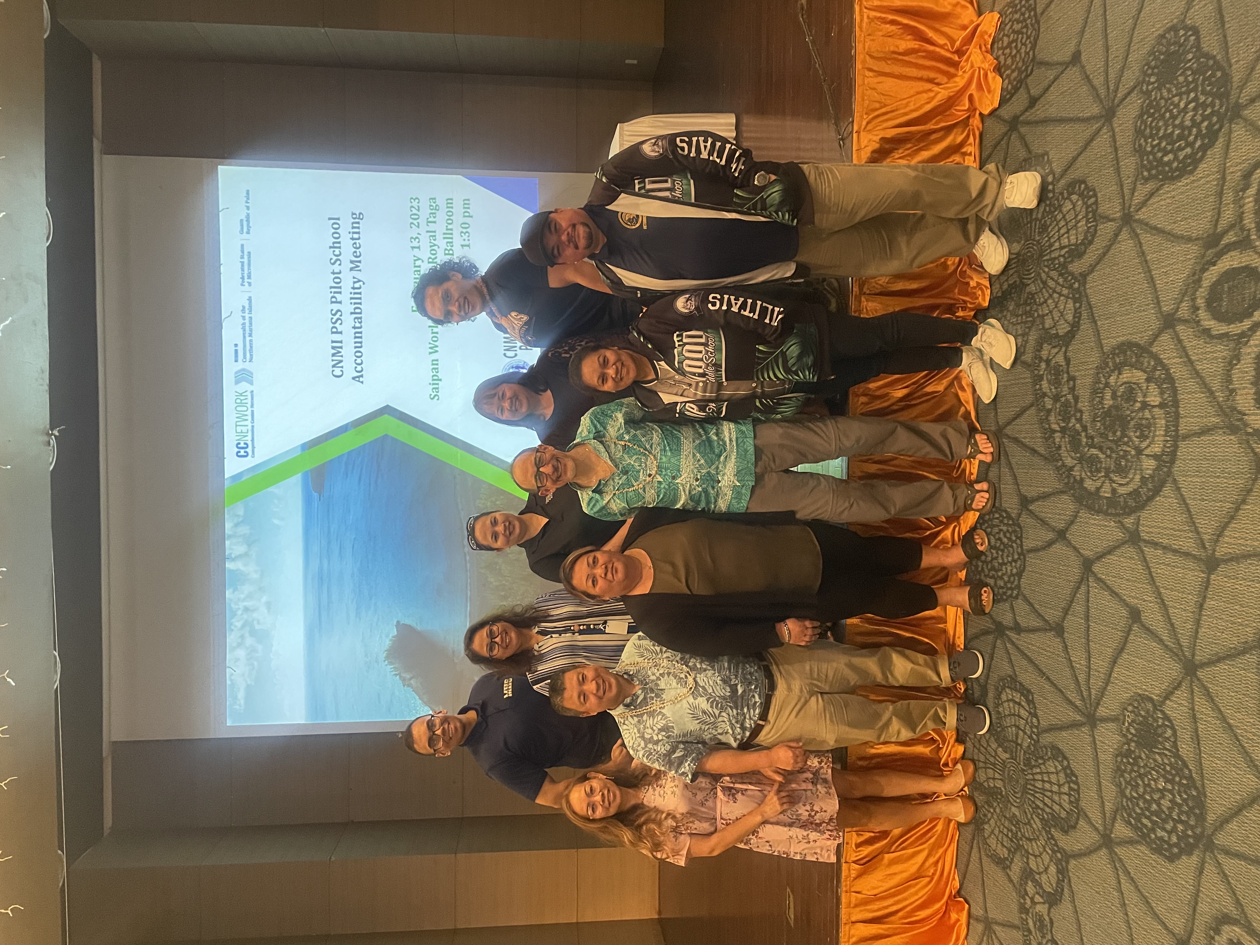 Resource team members Hendrick Cho, Lynette Villagomez and Dr. Eric Crane pose for a photo with Public School System Senior Director for Accountability, Research and Evaluation Dr. Rizalina Liwag, Accountability, Research, and Evaluation Program Manager Celine Orsini, school administrators Naomi Nishimur of Koblerville Elementary School; Jonathan Aguon, Melanie Sablan-Rdiall, and Romolo Orsini of Marianas High School; and Victorino Borja and Karen Manuel of Hopwood Middle School.