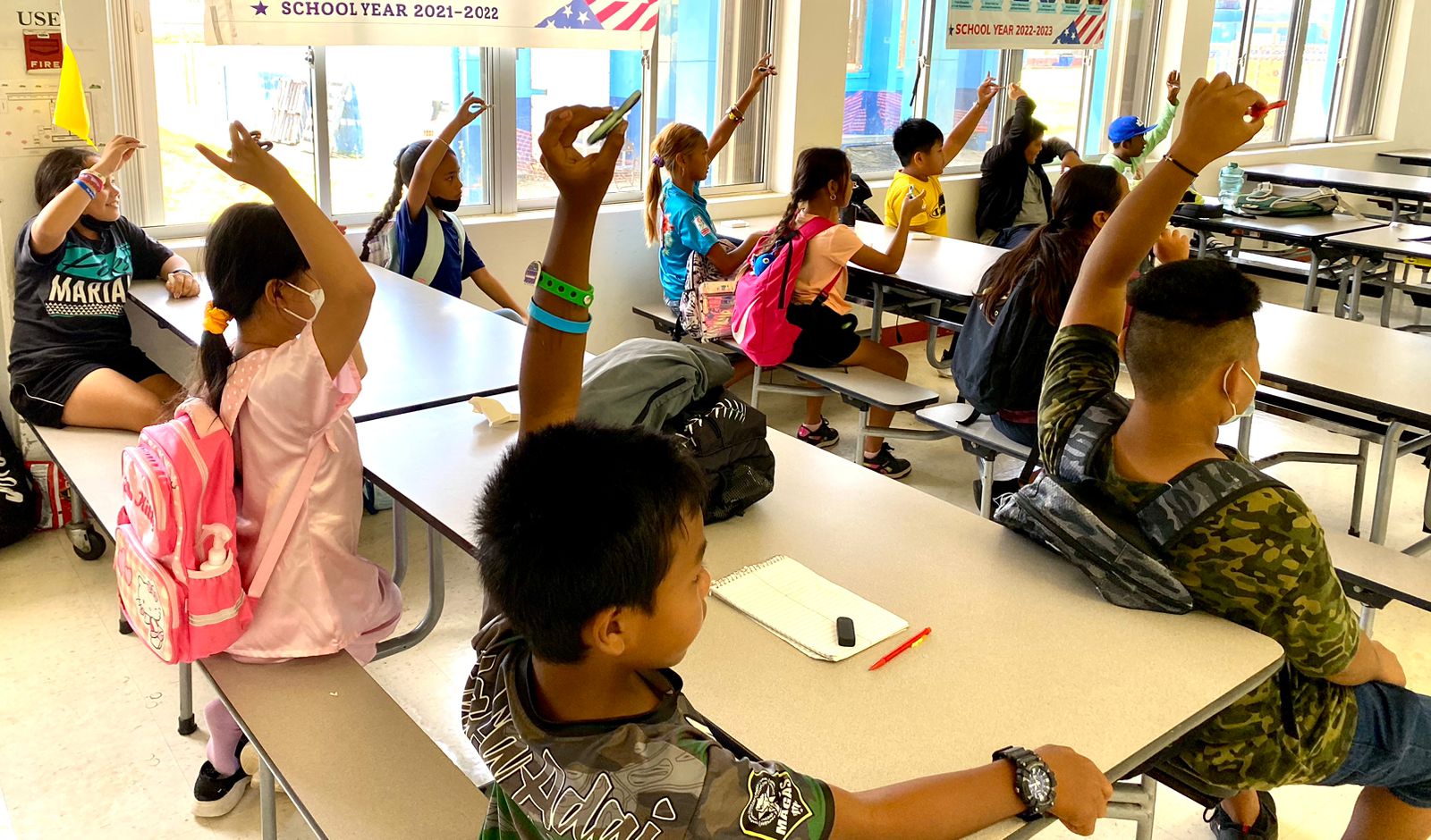 Students of Tinian Elementary School respond to questions during the presentation of the Marianas Tourism Education Council and Marianas Visitors Authority at the school on Feb. 17, 2023.