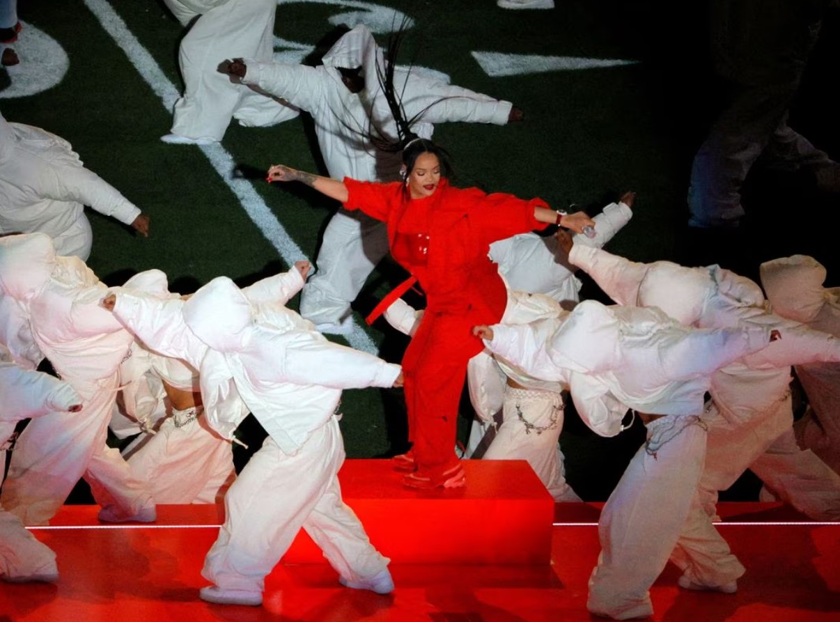 Rihanna performs during the halftime show of Super Bowl LVII  at the State Farm Stadium in Glendale, Arizona on Feb. 12, 2023.