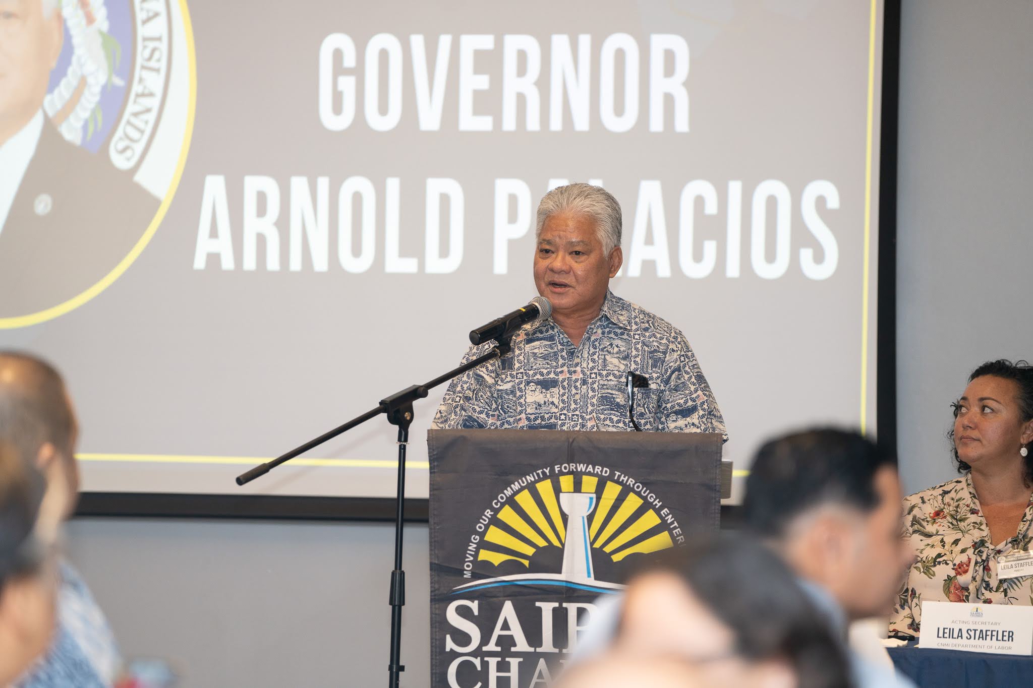 Gov. Arnold I. Palacios delivers his remarks during the Saipan Chamber of Commerce Economic Forum at Kensington Hotel on Wednesday.