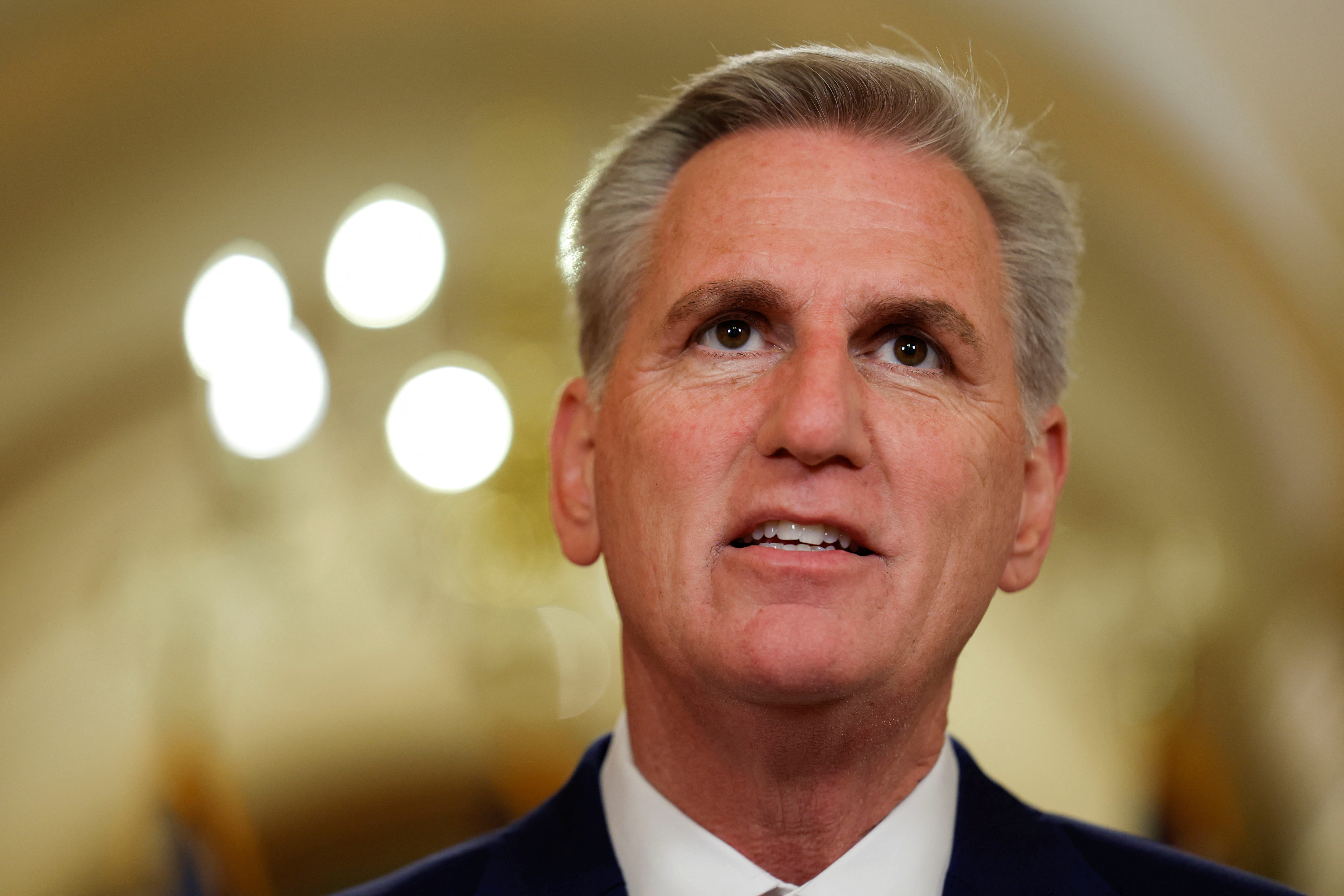 U.S. House Speaker Kevin McCarthy, R-CA, delivers remarks on the debt ceiling, outside of his office on Capitol Hill in Washington, D.C., Feb. 6, 2023.