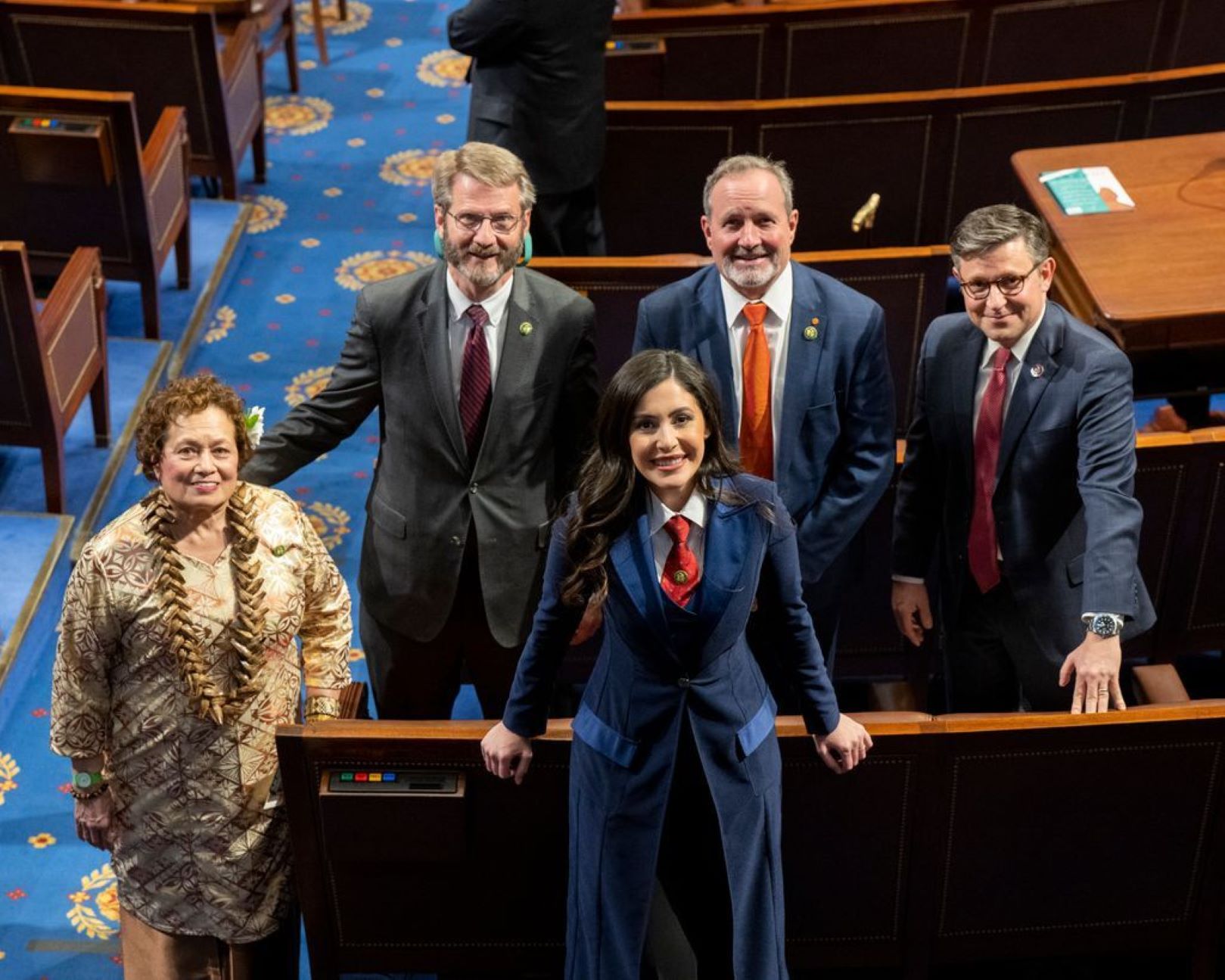 From left, Congresswoman Amata of American Samoa with Reps. Tim Burchett of Tennessee, Anna Paulina Luna of Florida, Jeff Duncan of South Carolina, and Mike Johnson of Louisiana.