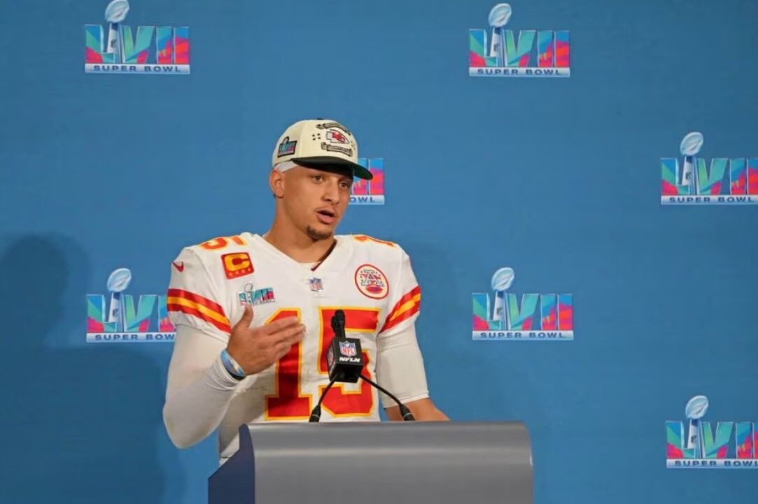 Kansas City Chiefs quarterback Patrick Mahomes (15) talks to the media during a press conference after winning Super Bowl LVII against the Philadelphia Eagles at State Farm Stadium in Glendale, Arizona, Feb. 12, 2023.