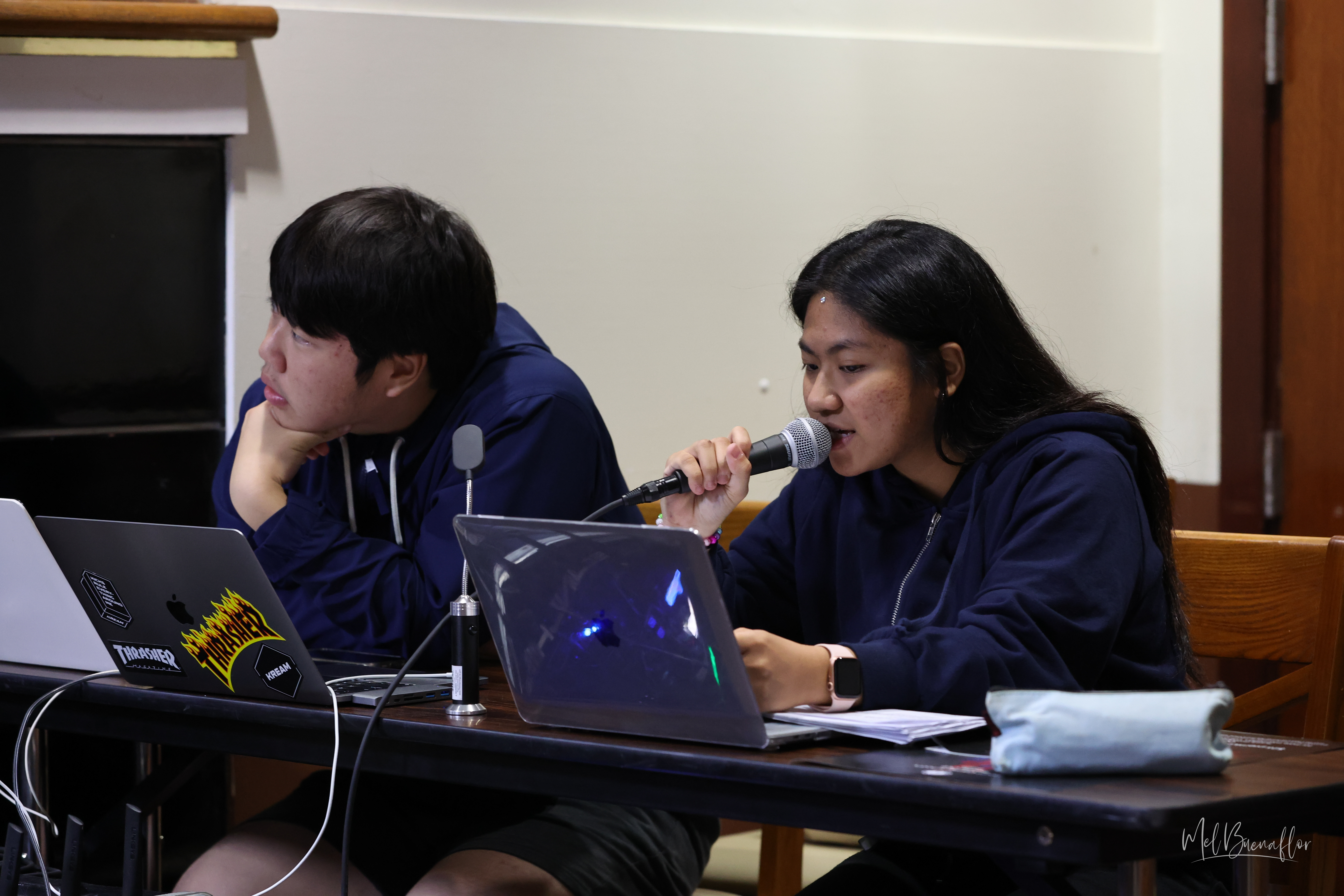 Calling all the shots and keeping the show together was Stage Manager Chealzka Navarro, right, who, with the help of tech crew members like Mingi Jung, coordinated an elaborate sound and light design that contributed to the show’s innovative production design.