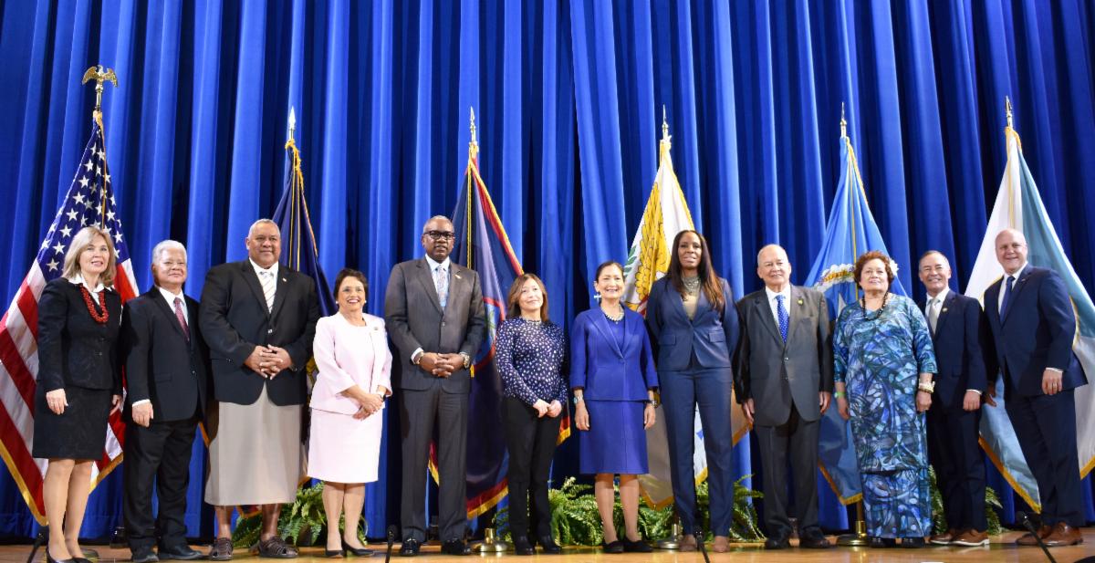 Principals attending the Interagency Group on Insular Affairs meeting last week. From left, Assistant Interior Secretary for Insular and International Affairs Carmen Cantor, CNMI Gov. Arnold Palacios, American Samoa Gov. Lemanu Mauga, Guam Gov. Lou Leon Guerrero, U.S. Virgin Islands Gov. Albert Bryan,  Director of Intergovernmental Affairs Julie Rodriguez, Interior Secretary Deb Haaland, U.S. Virgin Islands Delegate Stacey Plaskett, CNMI Delegate Gregorio Kilili Camacho Sablan, American Samoa Delegate Amata Radewagen, Guam Delegate Jim Moylan, and President Biden’s Senior Advisor and Infrastructure Coordinator Mitch Landrieu.