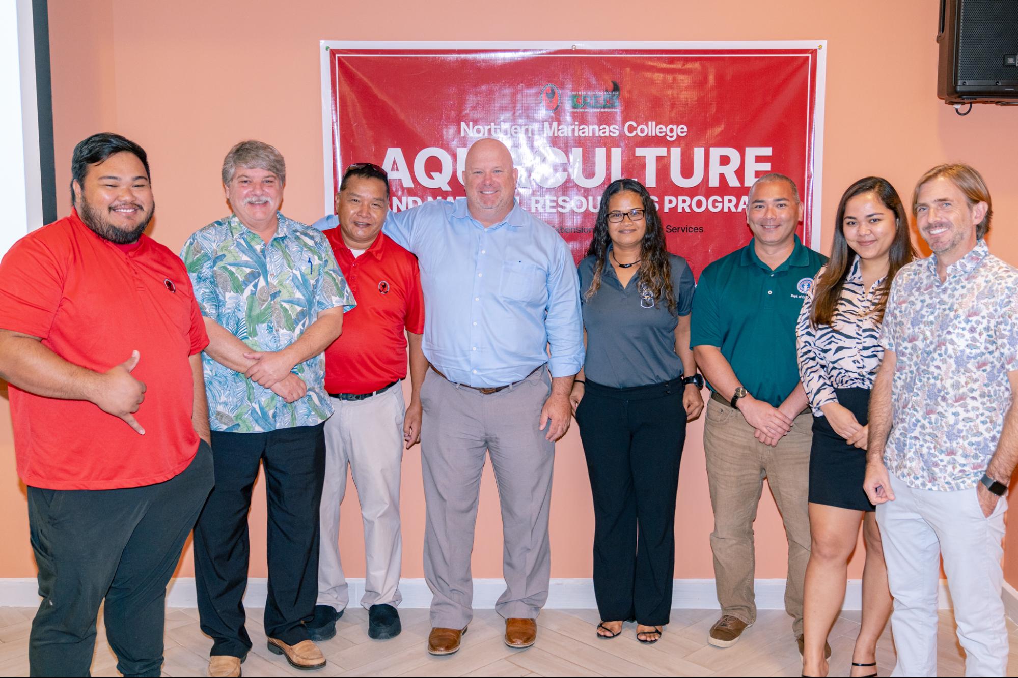 From left, NMC-CREES Aquaculture and Natural Resources Research Assistant I Rovien Maritita, Executive Director of Oceanic Institute of Hawaii Pacific University Shaun Moss, NMC-CREES Aquaculture and Natural Resources State Program Leader Michael Ogo, Director of Shrimp Department at Oceanic Institute of Hawaii Pacific University Dustin Moss, Latte Marine Services Owner & Operator Dina Tenorio, Acting Director of Economic Development Kioshi Cody, Saipan Chamber of Commerce Executive Director Kim C. Camacho.