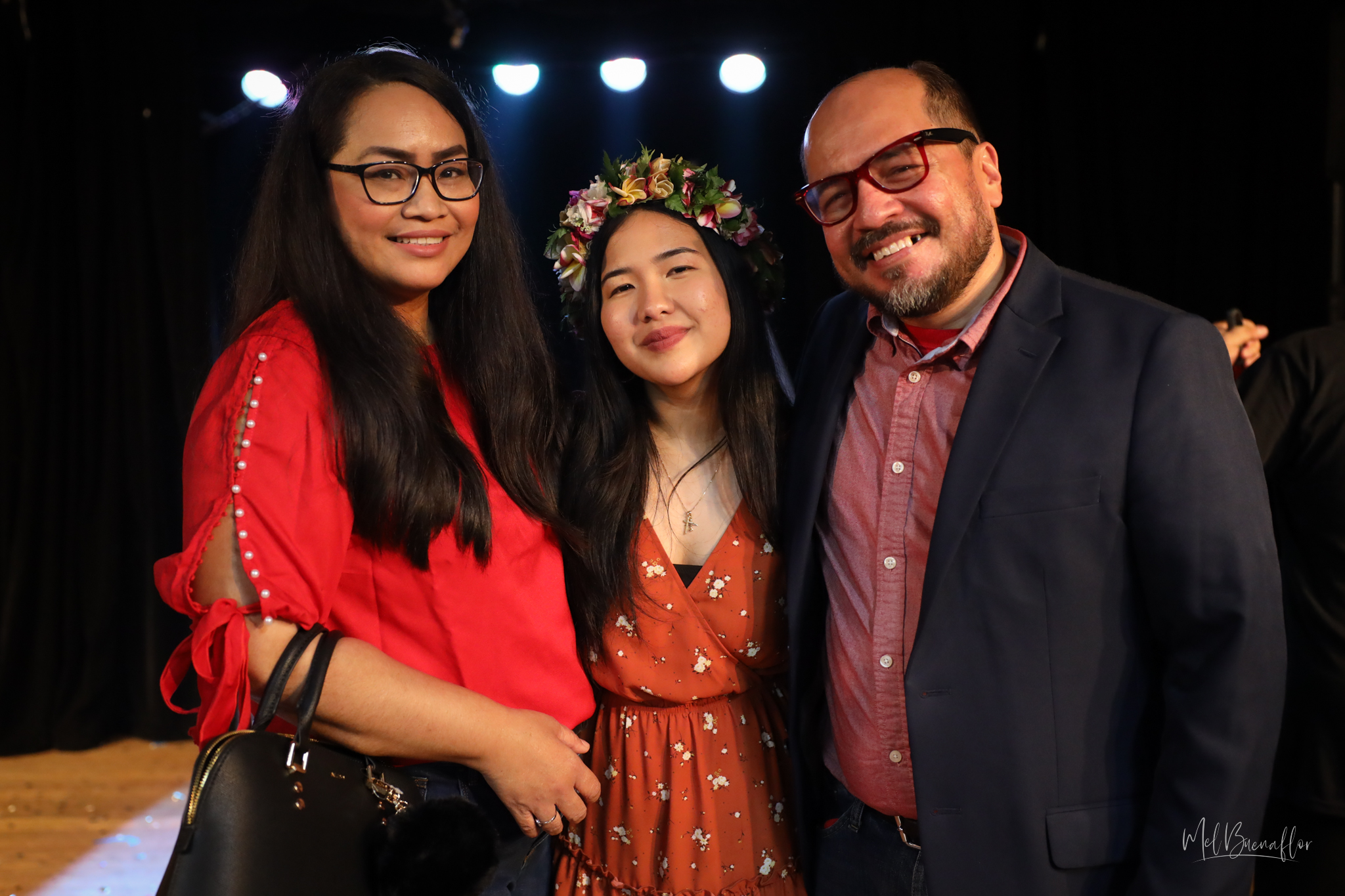 Director Kyla Monique B. Cabrera, center, with the show’s writer and producer, Galvin Deleon Guerrero, EdD, right, and his wife, Velma Deleon Guerrero.