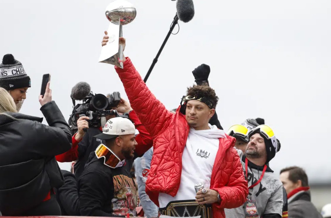 Patrick Mahomes takes part in the Kansas City Chiefs' victory celebration and parade in Kansas City, Mo., Wednesday, Feb. 15, 2023, following the Chiefs' win over the Philadelphia Eagles Sunday in the NFL Super Bowl 57 football game.