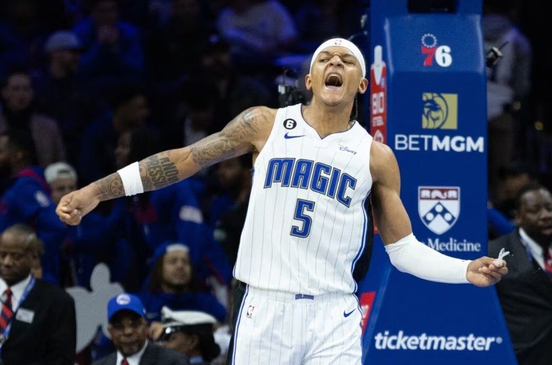 Orlando Magic forward Paolo Banchero (5) reacts after dunking the ball against the Philadelphia 76ers during the fourth quarter at Wells Fargo Center in Philadelphia, Pennsylvania, Jan. 30, 2023.