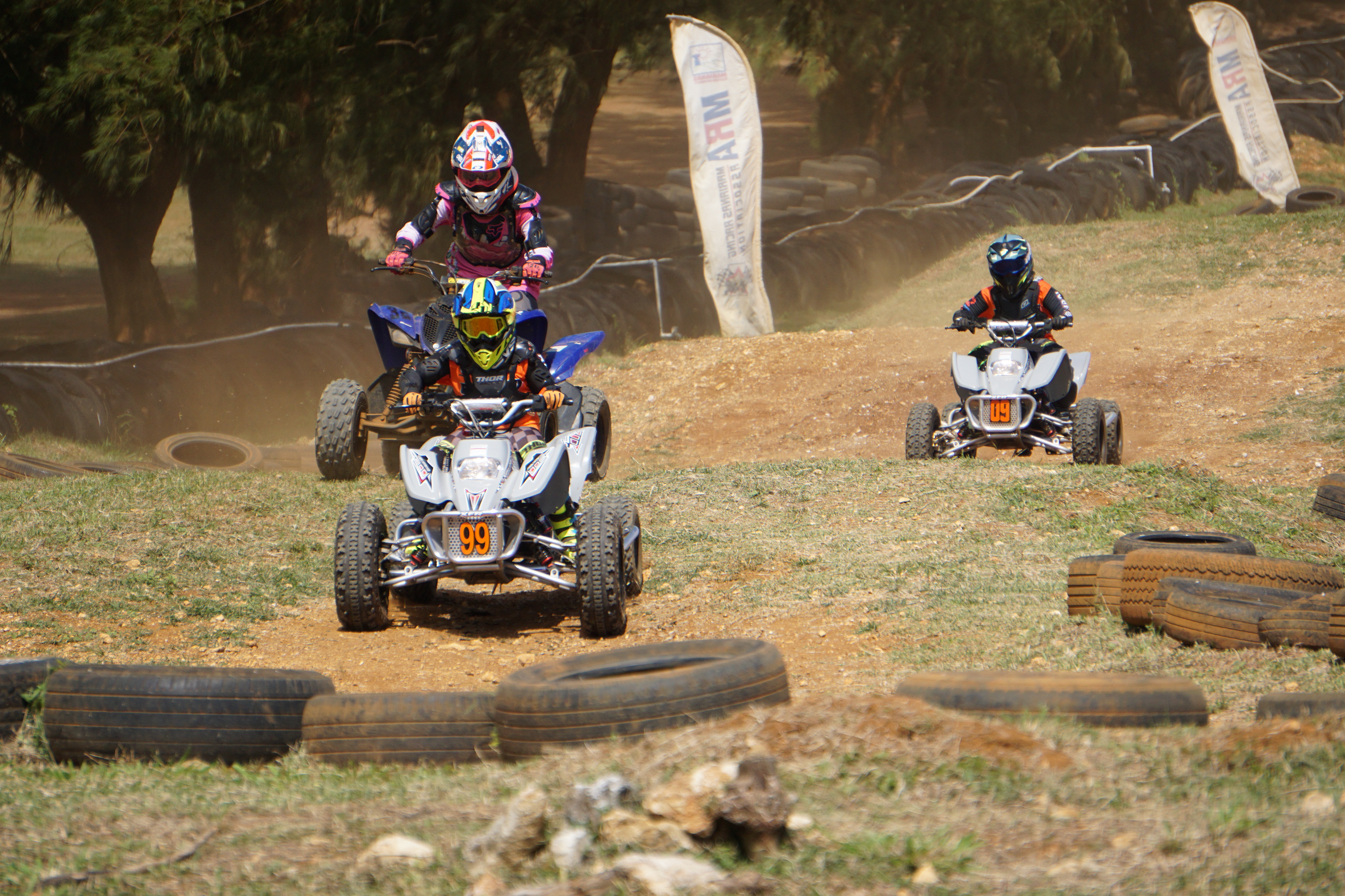 The Mini ATV Class racers battle for the lead during round 2 of the MRA Points Race Series at Cow Town Raceway Park on Sunday.