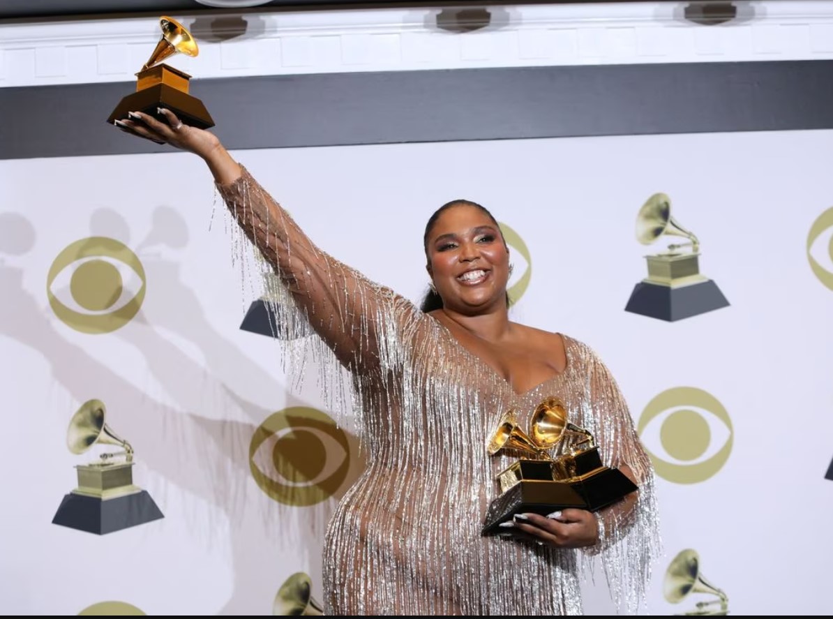 Lizzo poses backstage with her Best Pop Solo Performance award at the 62nd Grammy Awards, Los Angeles, California, Jan. 26, 2020.
