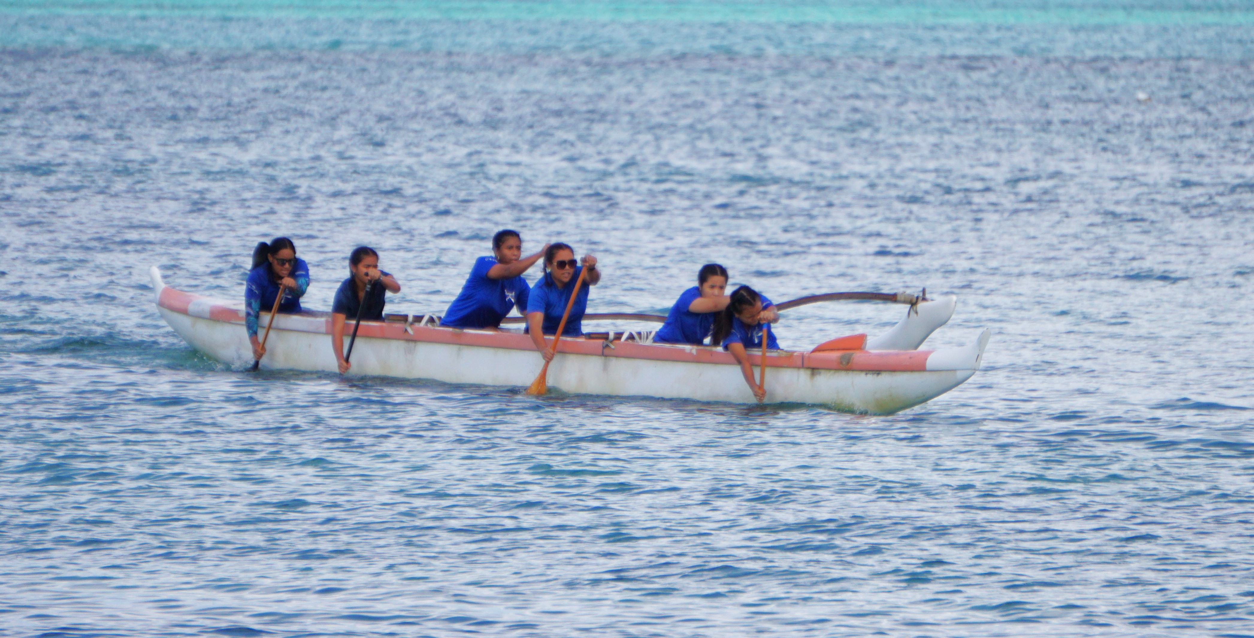 The MHS girls make a few adjustments as they near the finish line of the 500m event in the high school division of the PSS Interscholastic Outrigger Race Series at Kilili Beach on Saturday.