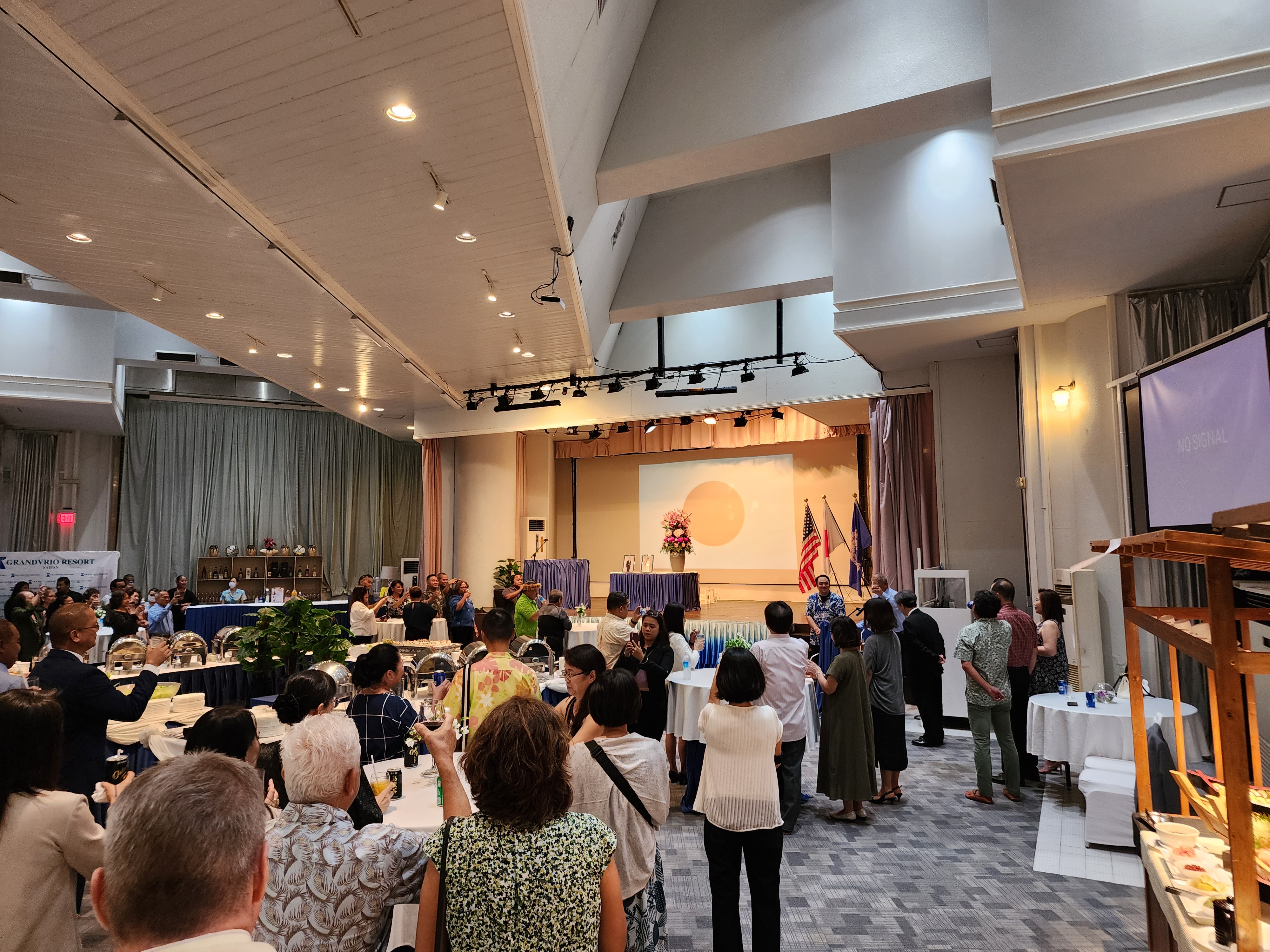 Lt. Gov. David M. Apatang, background, offers a toast to Japan Emperor Naruhito in the Fiesta Hall of Grandvrio Resort Saipan on Thursday.