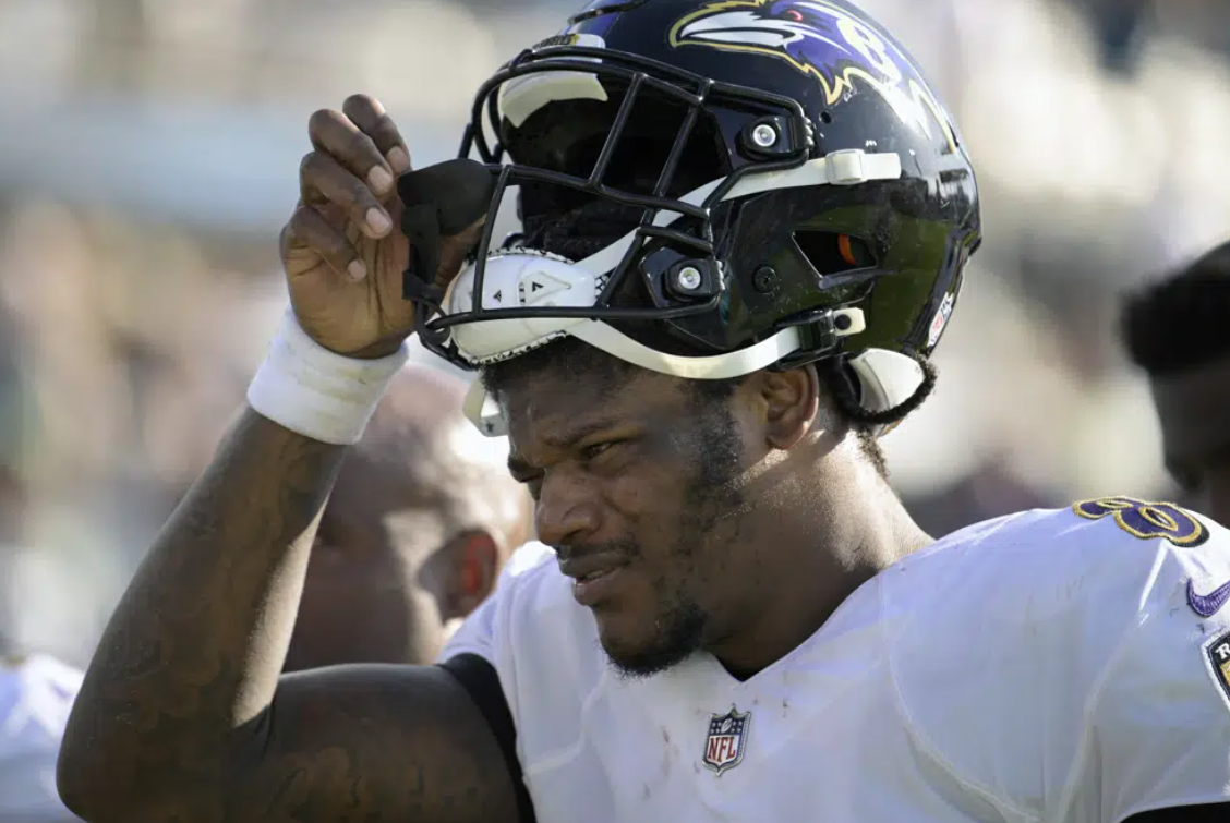 Baltimore Ravens quarterback Lamar Jackson (8) leaves the field after the end of the first half of an NFL football game against the Jacksonville Jaguars, Sunday, Nov. 27, 2022, in Jacksonville, Fla.