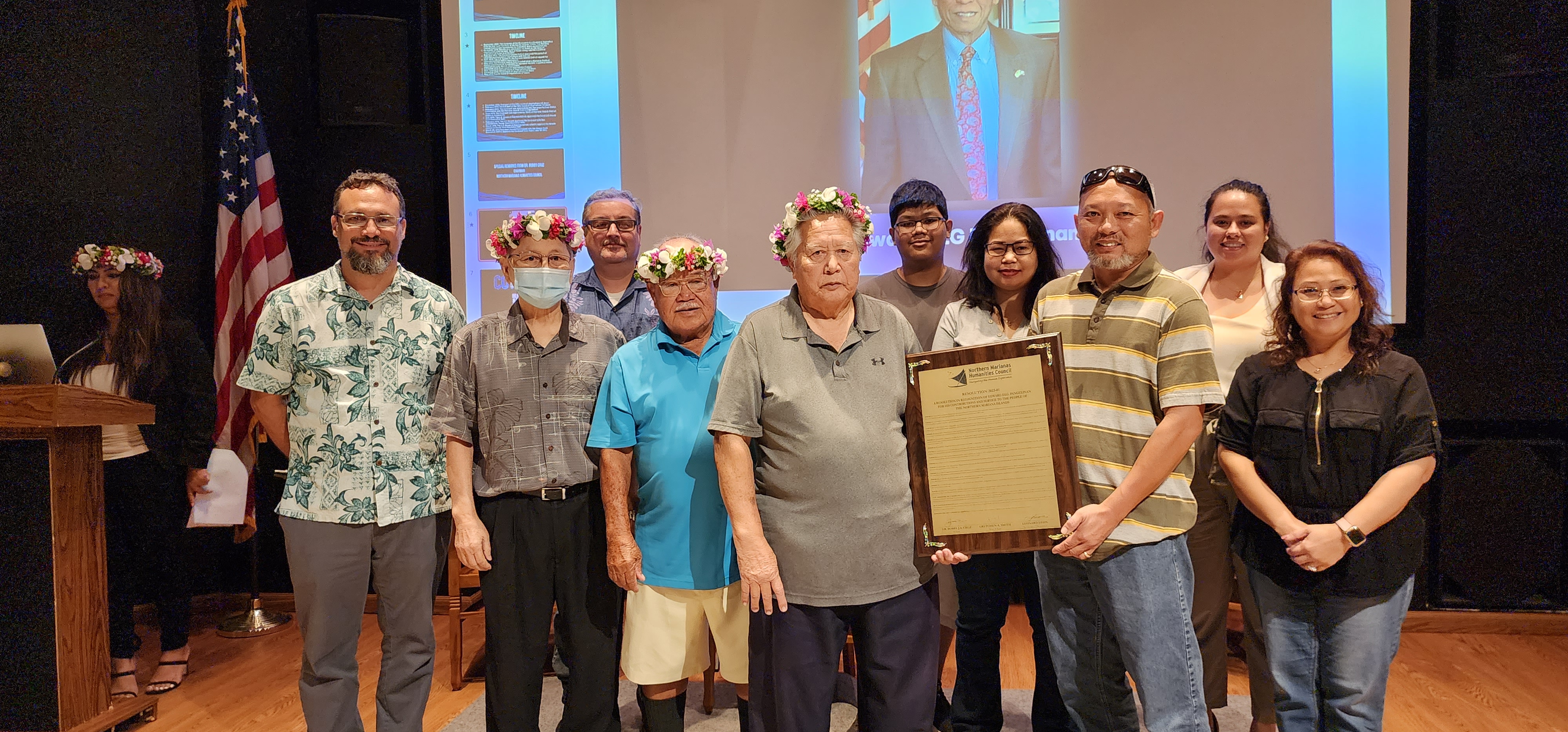 Family members of the late Edward DLG Pangelinan receive a framed copy of a resolution from the Northern Marianas Humanities Council honoring one of the CNMI’s founding fathers.