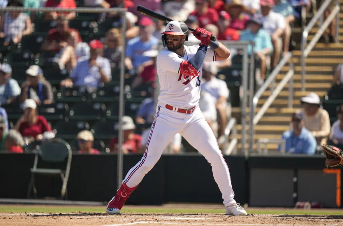 Minnesota Twins left fielder Joey Gallo (13) bats in the third inning during a spring training baseball game against the Philadelphia Phillies, Wednesday, March 1, 2023, in Fort Myers, Fla.