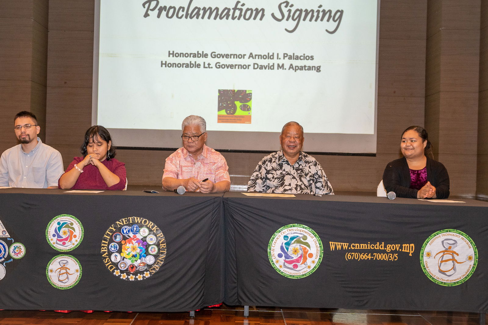 In signing the Developmental Disabilities Awareness Month proclamation on Wednesday, March 1, 2023, Gov. Arnold I. Palacios and Lt. Gov. David M. Apatang were joined by CNMI Council on Developmental Disabilities Executive Director Pamela C. Sablan, Office of Vocational Rehabilitation Director James M. Rayphand, Northern Marianas College-University Centers for Excellence in Developmental Disabilities Program Manager Eileen Babauta, Center for Living Independently CNMI ILS Trainer Specialist Zach Peter, Northern Marianas Protection and Advocacy Systems Inc.  Executive Director Gregory P. Borja, CNMI Disability Network Partners, and members of the community.