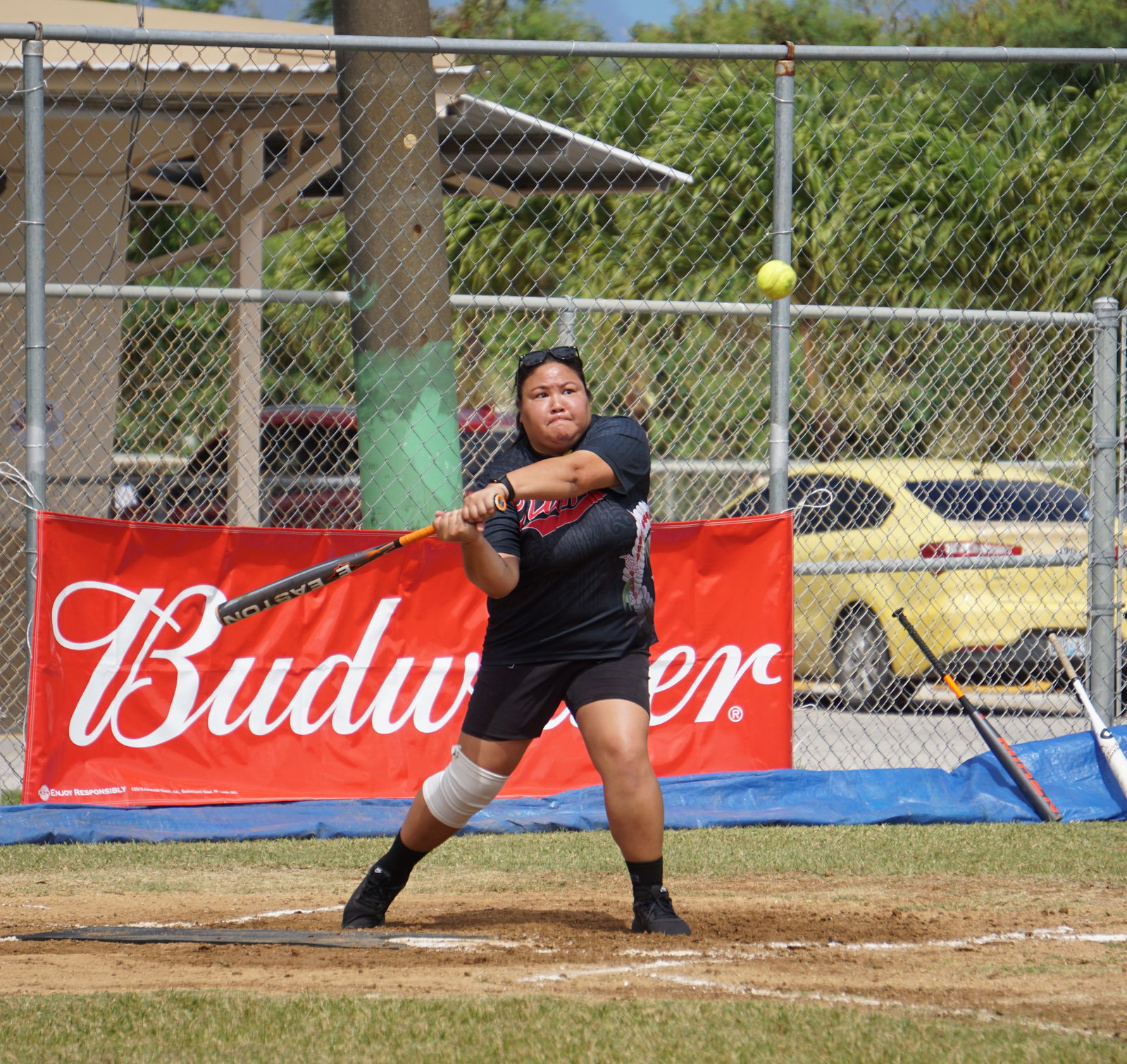 Lady Sufa's Kayla Reyes connects a double during a ladies division game of the 2023 Budweiser Belau Amateur Softball League at the Dandan baseball field on Sunday.