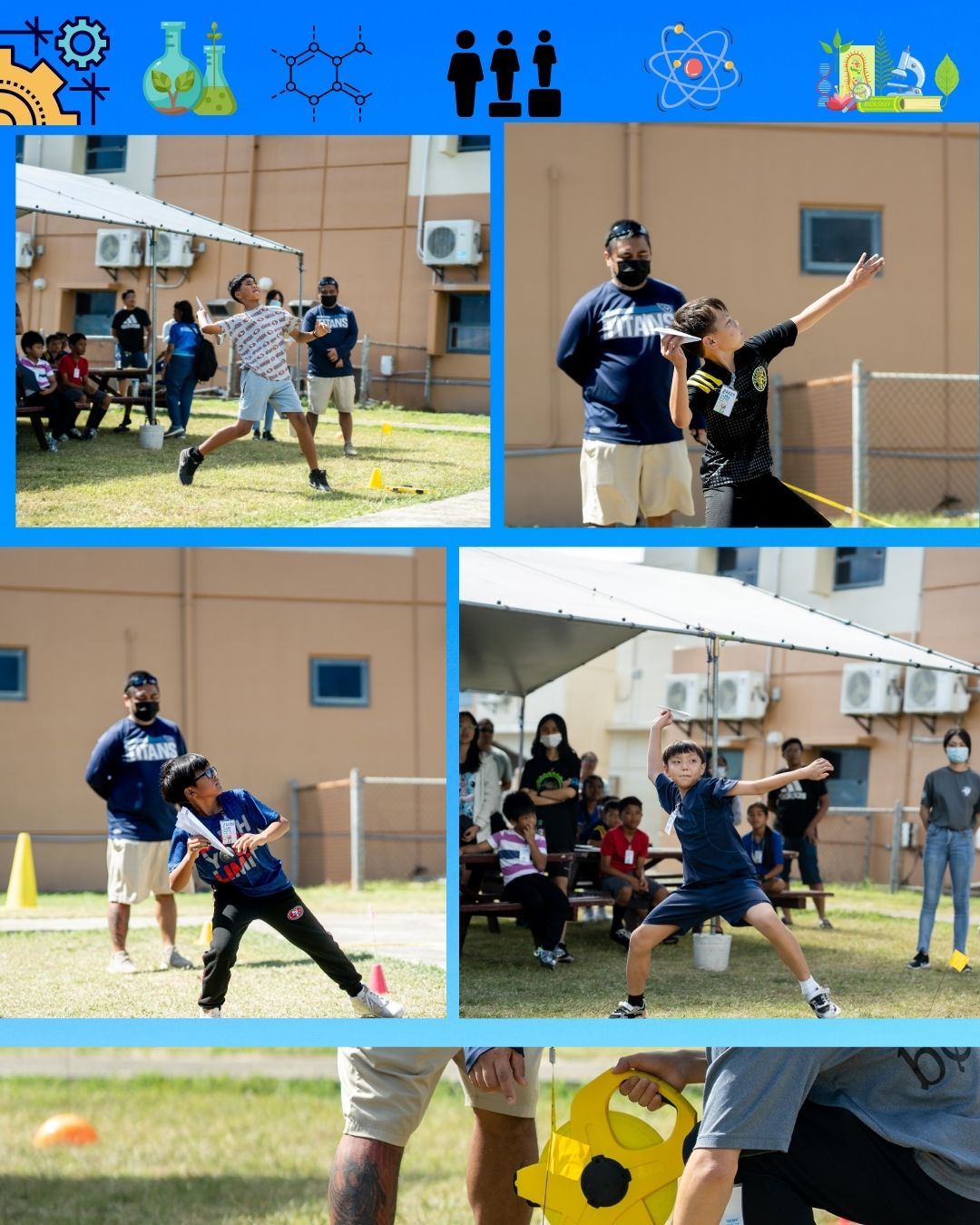 In the paper airplane categories, students from second to fifth grades demonstrate their entries.