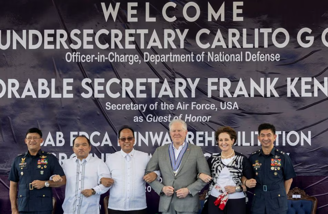 Philippine Air Force Acting Commanding General Ramon Guiang, Assistant Secretary of the Office of American Affairs Jose Victor Chan-Gonzaga, Philippine National Defense Secretary Carlito Galvez Jr., U.S. Air Force Secretary Frank Kendall, U.S. Ambassador to the Philippines MaryKay Carlson, and Philippine Military Deputy Chief of Staff for Plans and Programs Jeffrey Hechanova pose for a photo during a groundbreaking ceremony for an airstrip extension and rehabilitation project under the Enhanced Defense Cooperation Agreement agreement, at Basa Air Base in Pampanga, north of Manila, the Philippines, March 20, 2023.