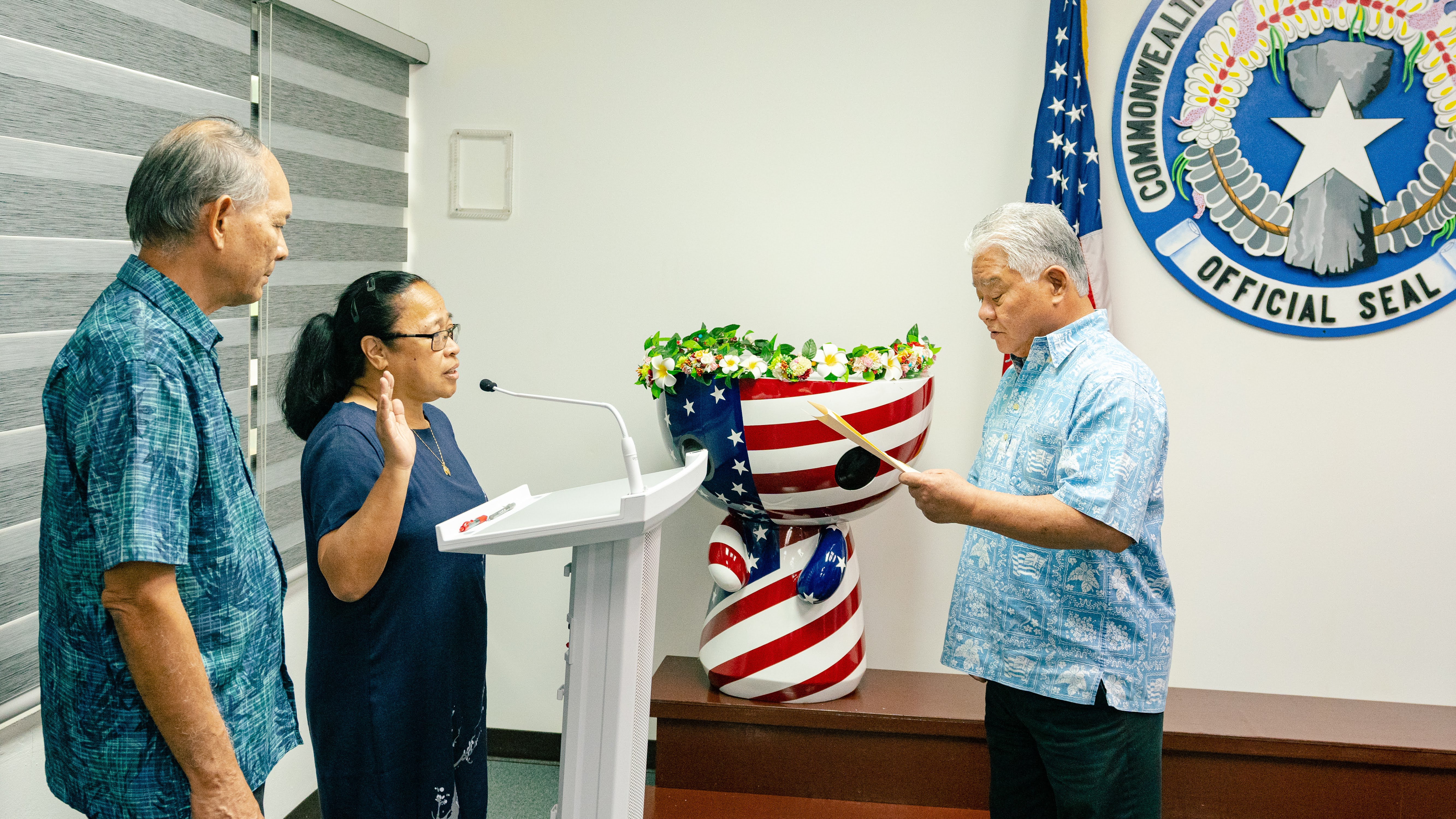 On Wednesday afternoon, Gov. Arnold I. Palacios administered the oath of office to Corrections Commissioner Anthony C. Torres; Ross S. Manglona, the resident executive of the Indigenous Affairs Office; and Secretary of Community and Cultural Affairs Mary S. Sablan. Governor Palacios and Lt. Gov. David M. Apatang extend their congratulations and best wishes to Torres, Manglona and Sablan on the Senate confirmation of their appointments.