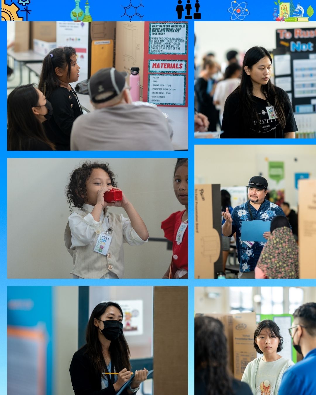 Students explain their science projects or research work.