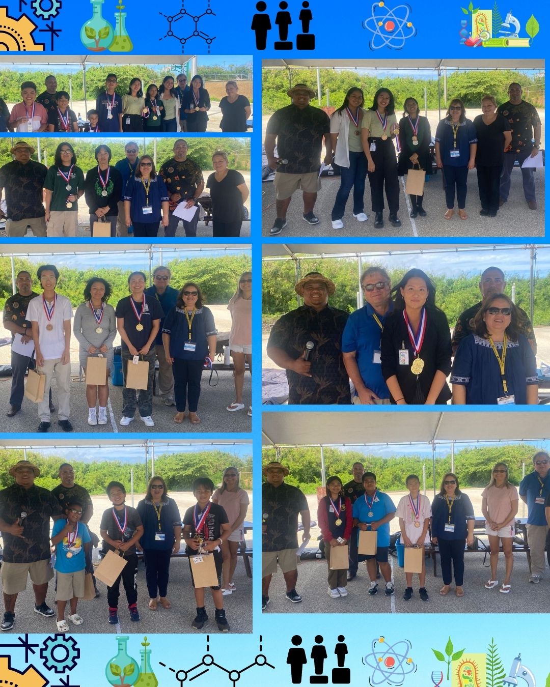 The winners from the various grade levels and categories pose for a photo with their awards from the Public School System’s Island Wide STEM Fair committee.