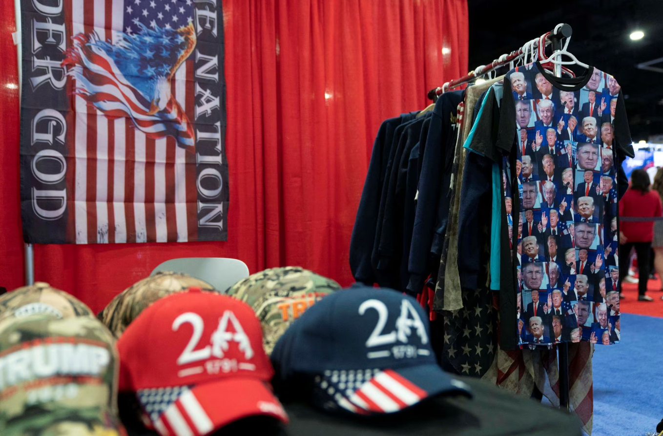 Merchandise with symbols of former President Donald Trump is sold at the Conservative Political Action Conference at Gaylord National Convention Center in National Harbor, Maryland, March 3, 2023.