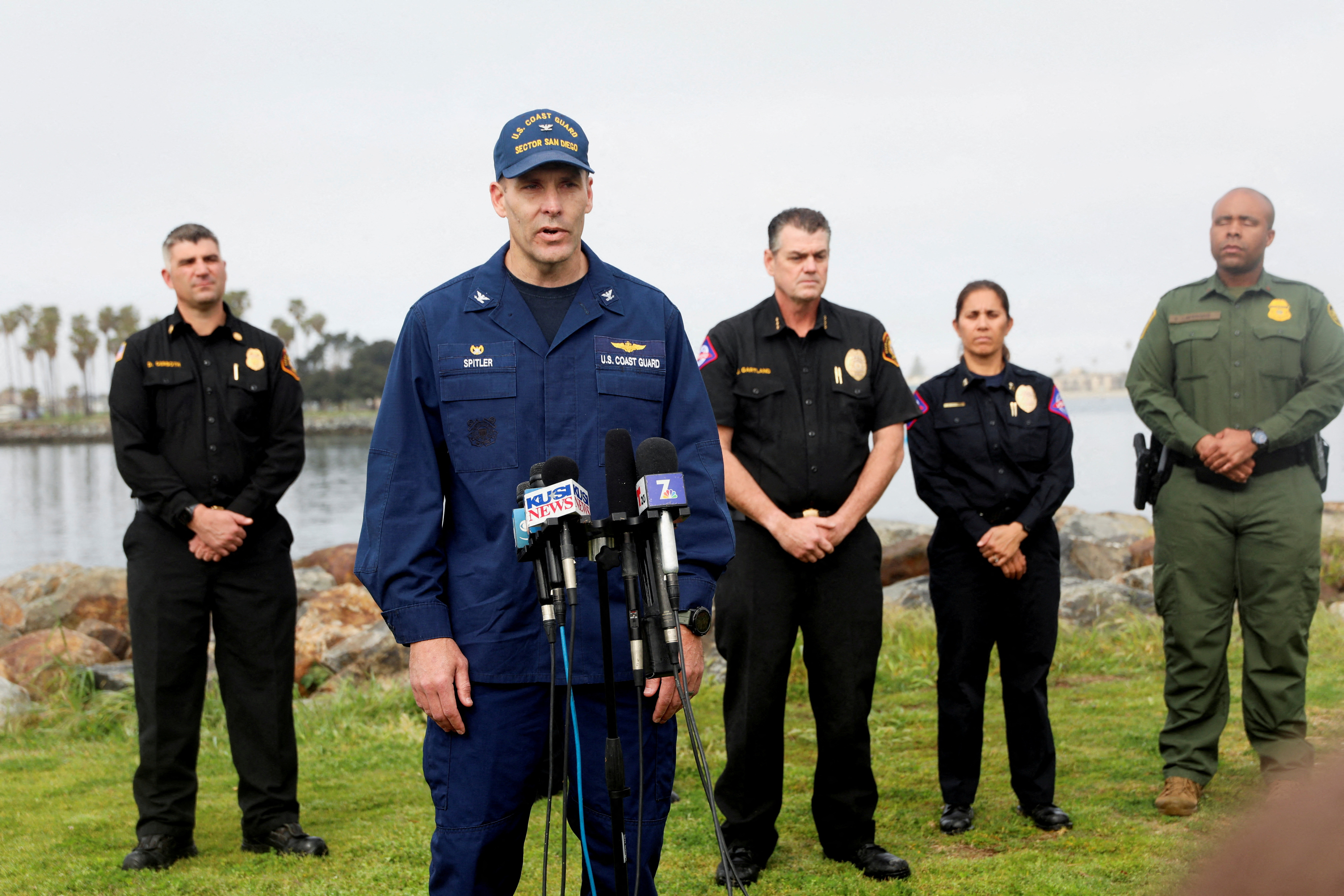 Captain James Spitler, from the U.S. Coast Guard, speaks to members of the media after two fishing boats capsized off the coast of San Diego, California, March 12, 2023.