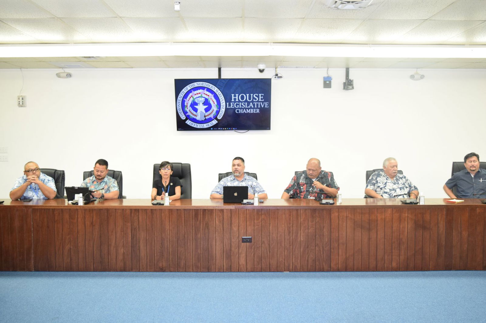 From left, Rep. Jonathan Blas Attao, House Vice Speaker Joel Camacho, Reps. Marissa Flores, Ralph N. Yumul, John Paul Sablan, Roman Benavente and House Floor Leader Edwin Propst during the House Gaming Committee's media conference on Tuesday in the House chamber.