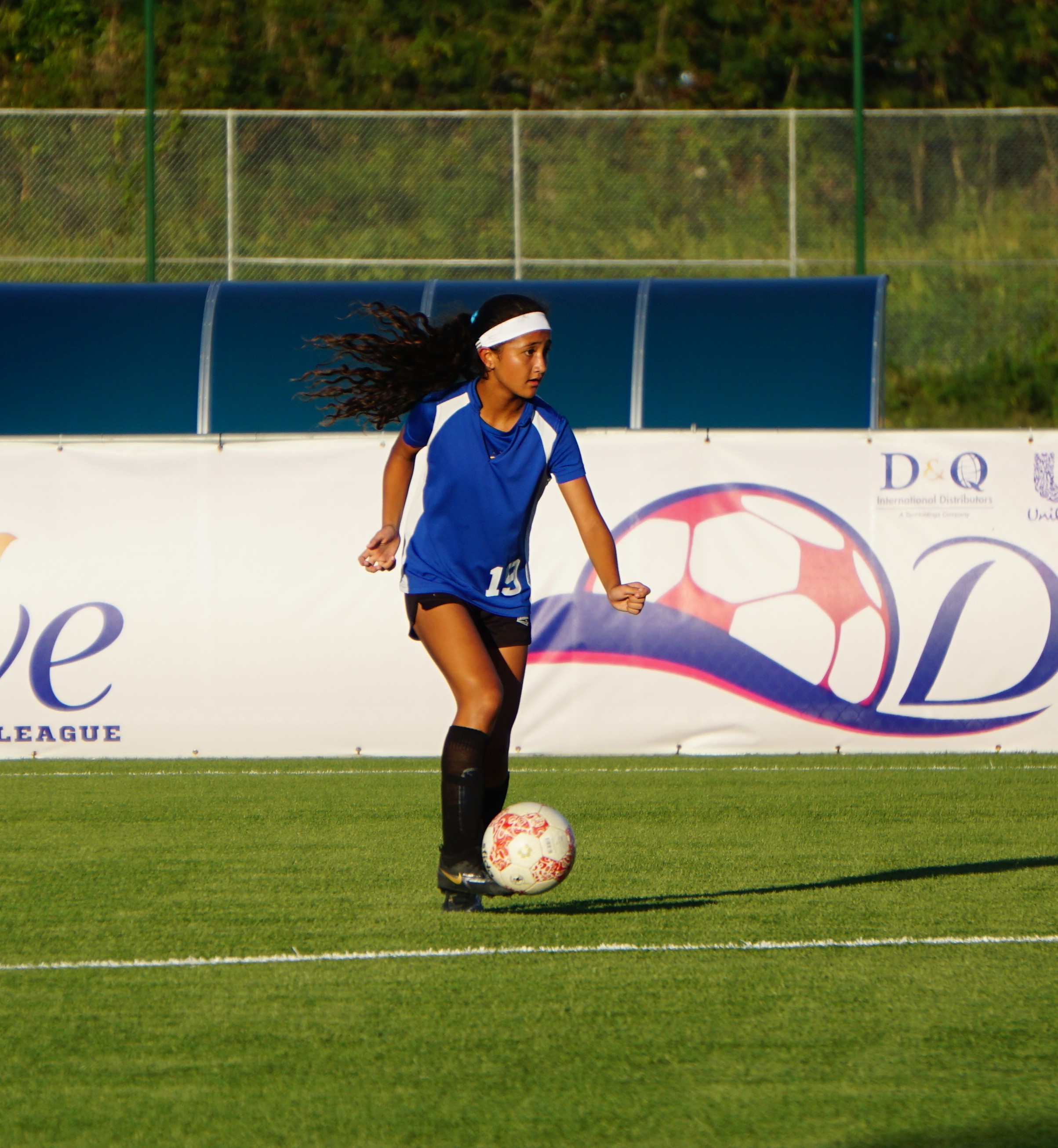 SIS’s Beatrice Gross looks on as she sets up the play during the championship game in the girls middle school division of the NMIFA-PSS Interscholastic Soccer League on Thursday at the NMI Soccer Training Center in Koblerville.