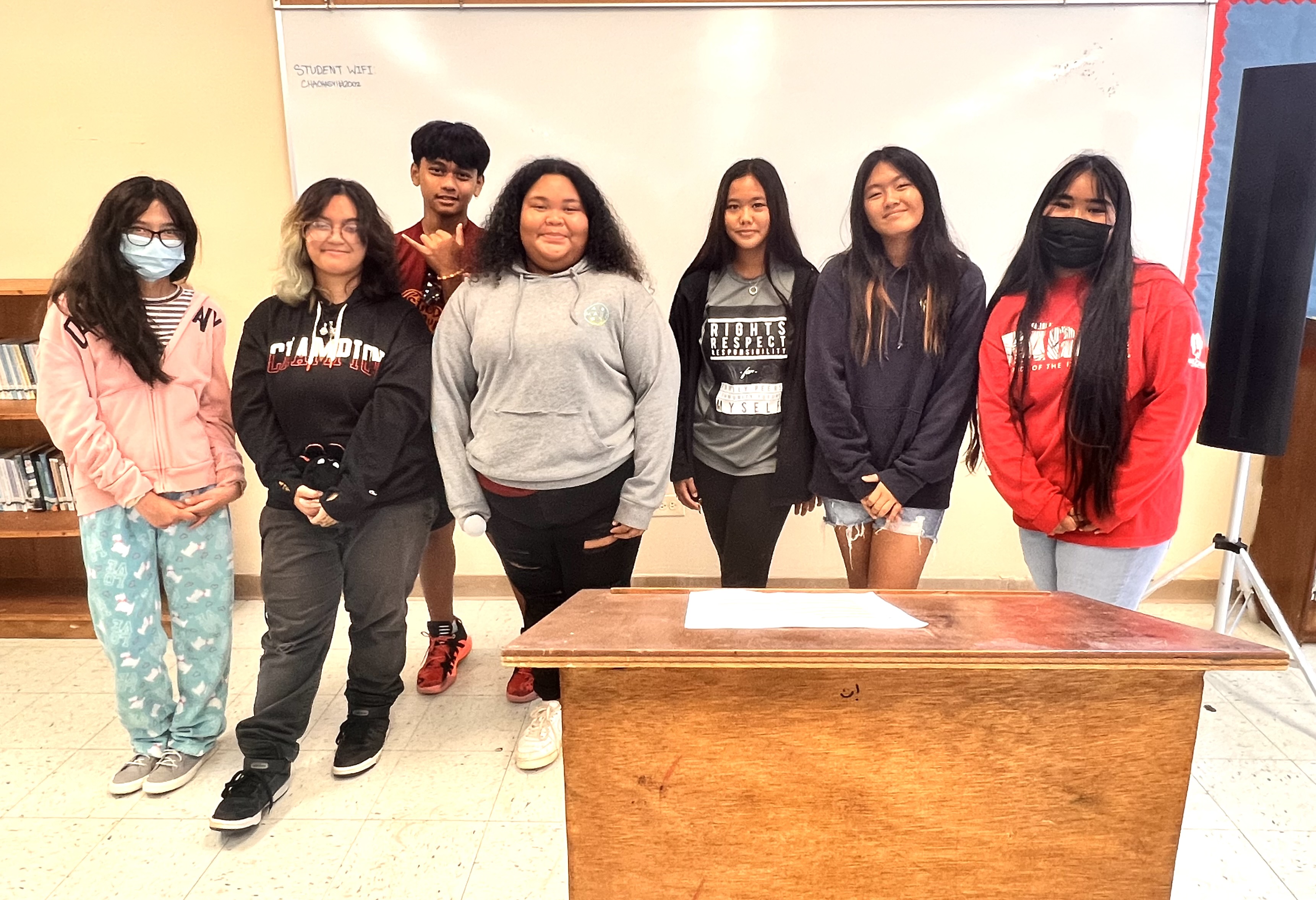 Chacha Ocean View Middle School students Anastacia Minor, Maya Jung, Mary Amog, Gregorio Rodriguez, Lucia Deleon Guerrero, Elle Tudela, and Akieko Atinisom  pose for a photo before reading the Board of Education proclamation designating April as School Library Month.