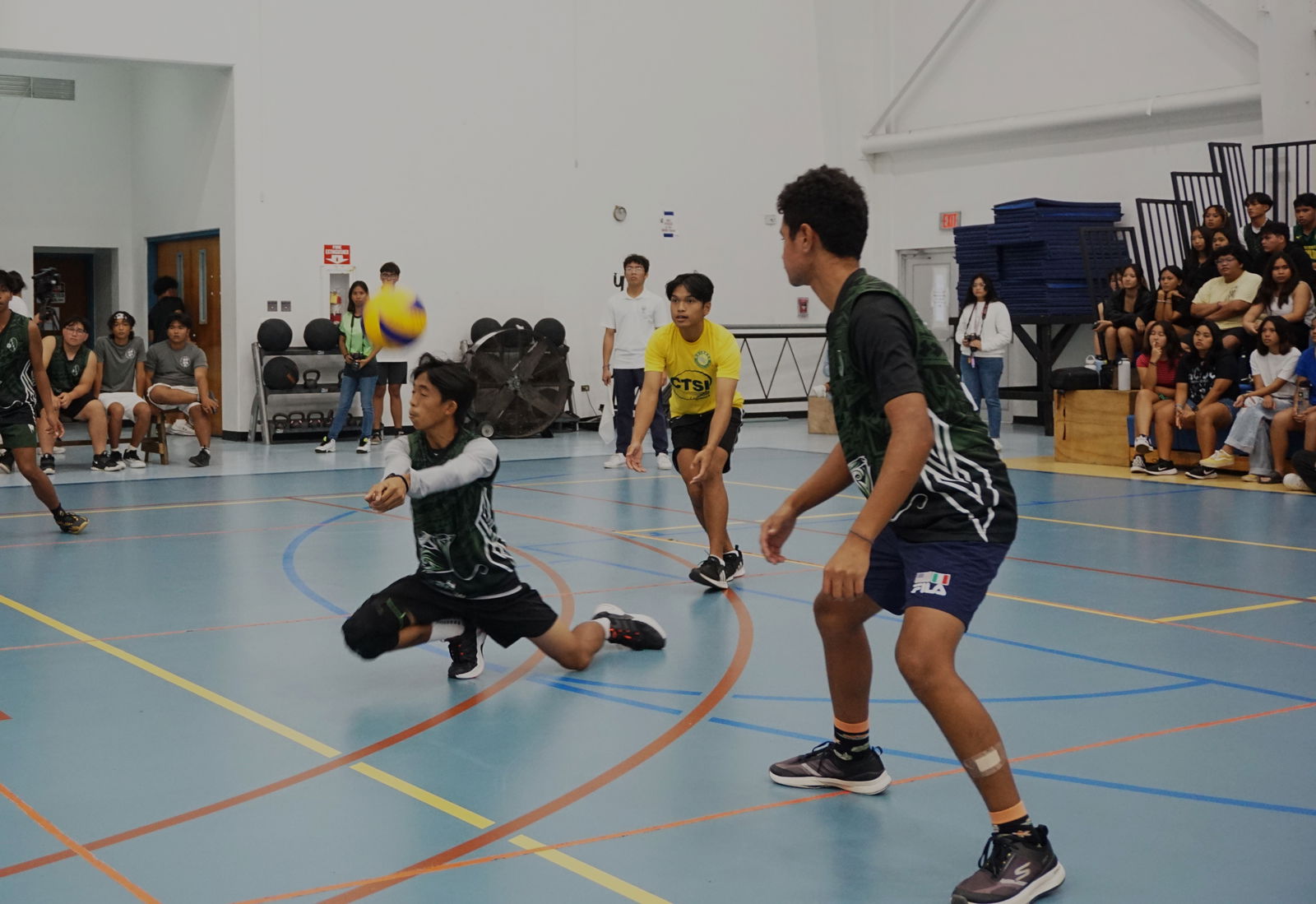 SSHS 2's Villafuerte reaches out for the save during a  game against MHS 3 on the opening day of the PSS-NMIVA Interscholastic Volleyball League at the MHS gym on Tuesday.