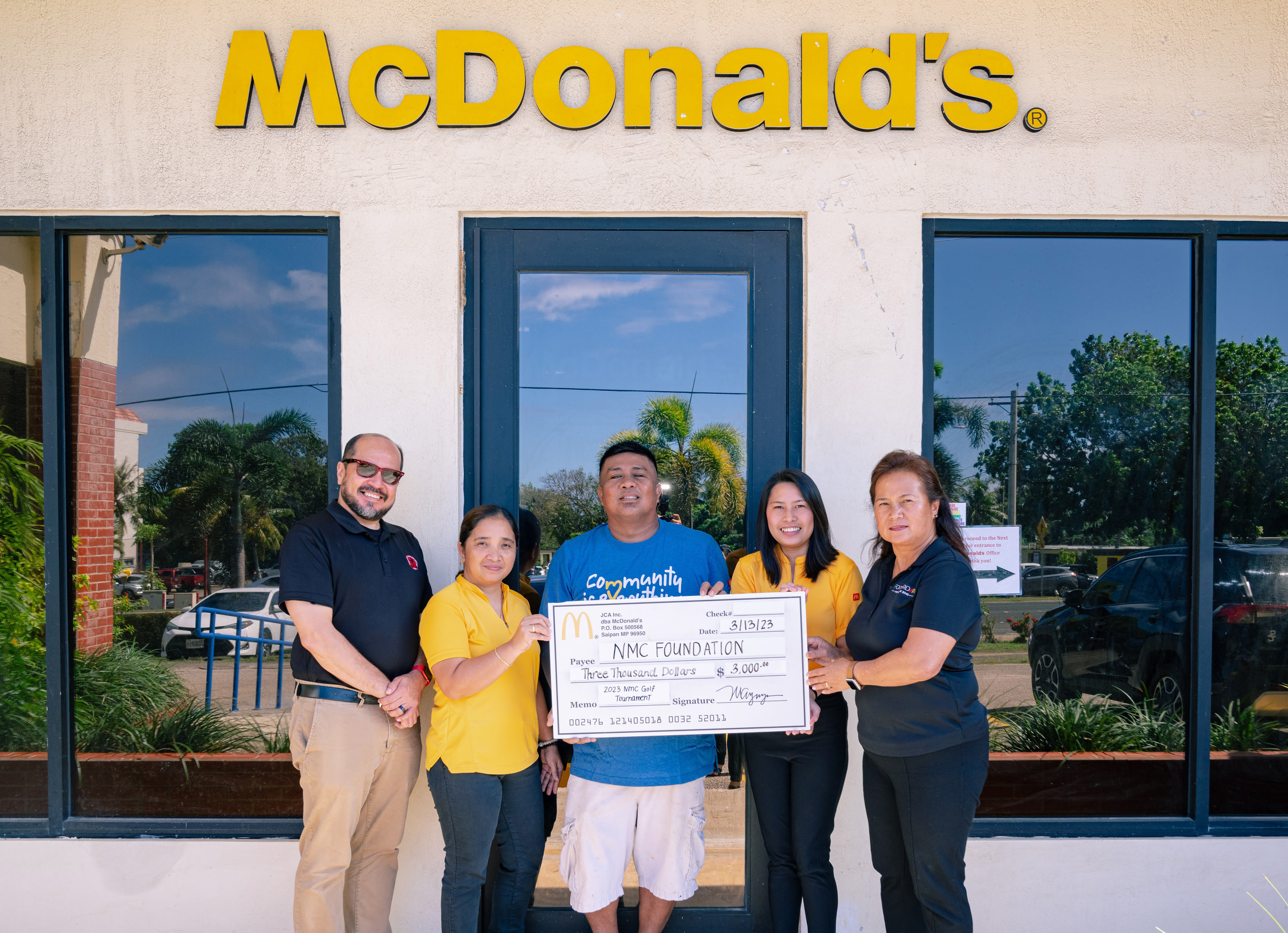 McDonald’s of Saipan is offering a $3,000 cash prize for the NMC Foundation’s Golf Open on March 18 and 19, 2023. From left,  NMC President Galvin Deleon Guerrero, EdD, McDonald's payroll admin Connie Medino, RJ corporation employee Mark Russell “Johnny” Rigua, McDonald's human resources assistant Jessa De Jesus, and McDonald's vice president and owner/operator Marcia Erra Ayuyu.NMC photo