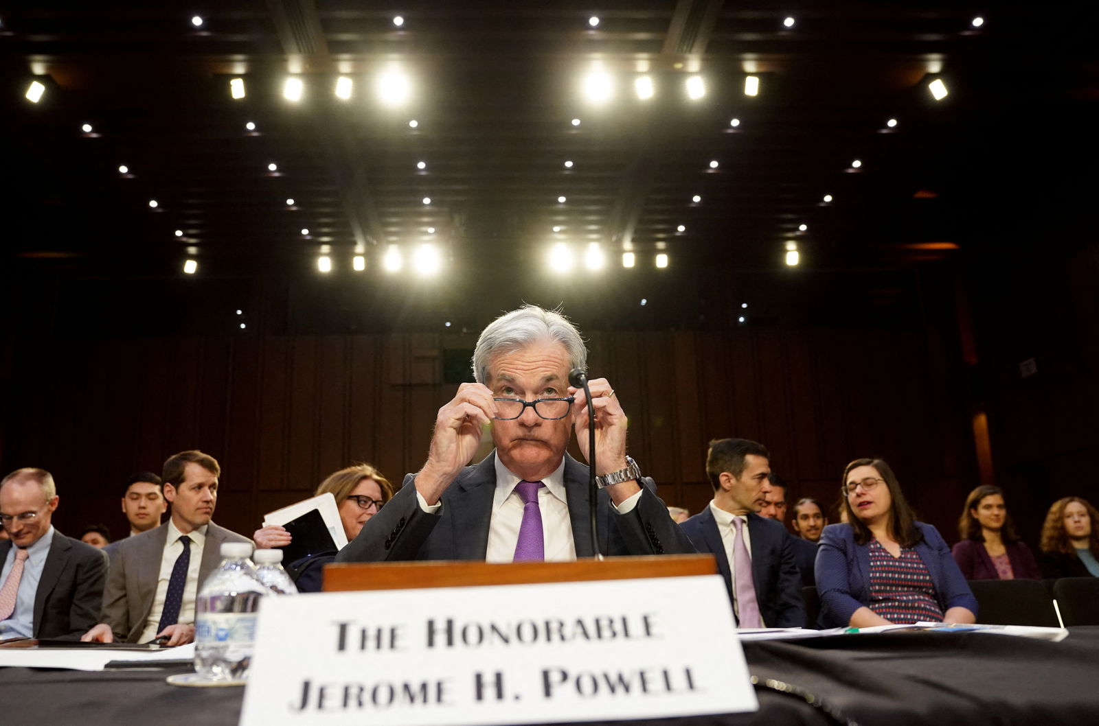 Federal Reserve Chair Jerome H. Powell takes his seat to testify before a U.S. Senate Banking, Housing, and Urban Affairs Committee hearing on Capitol Hill in Washington, D.C., March 7, 2023.