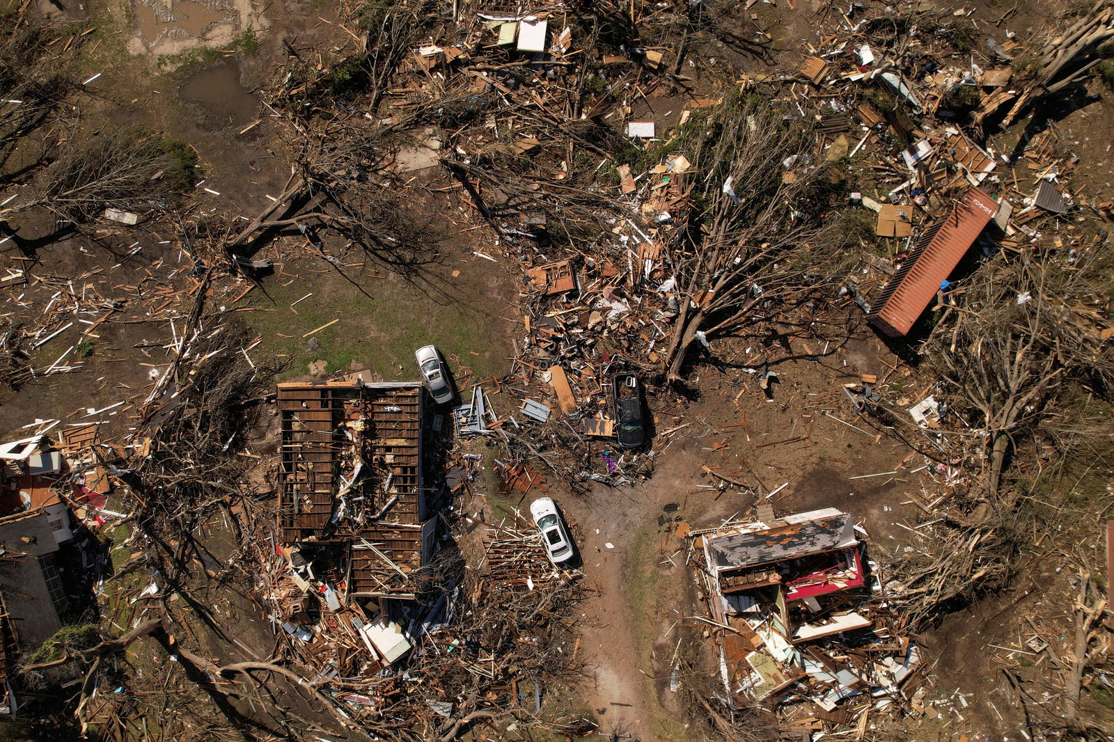 An aerial view of destroyed homes after thunderstorms spawning high straight-line winds and tornadoes ripped across the state in Rolling Fork, Mississippi, March 25, 2023.