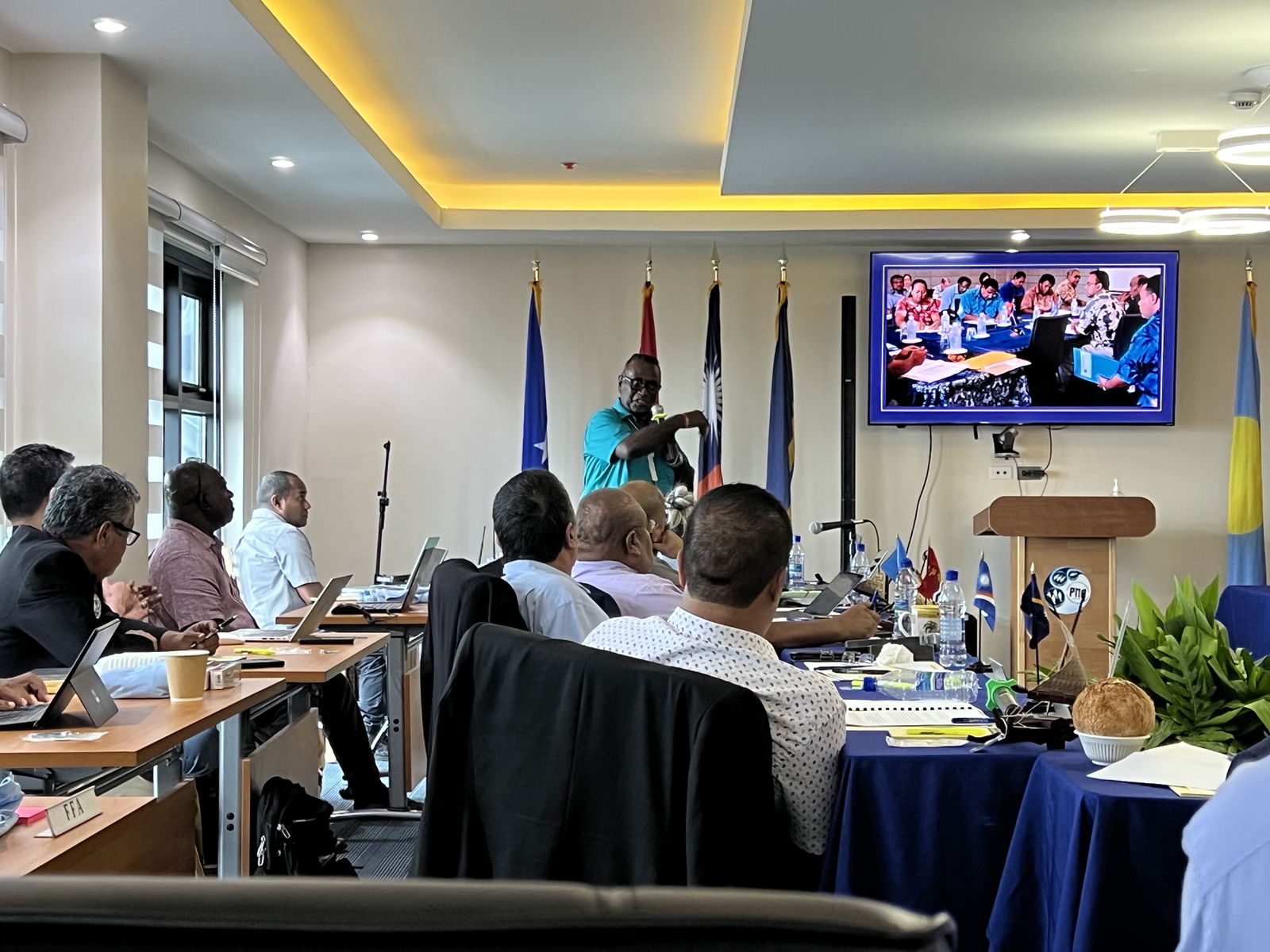 Dr. Transform Aqorau, founding CEO of the Parties to the Nauru Agreement Office in Majuro, spoke to fisheries leaders from the nine participating PNA islands at the official opening ceremony for the new PNA Office HQ building in Majuro last month.