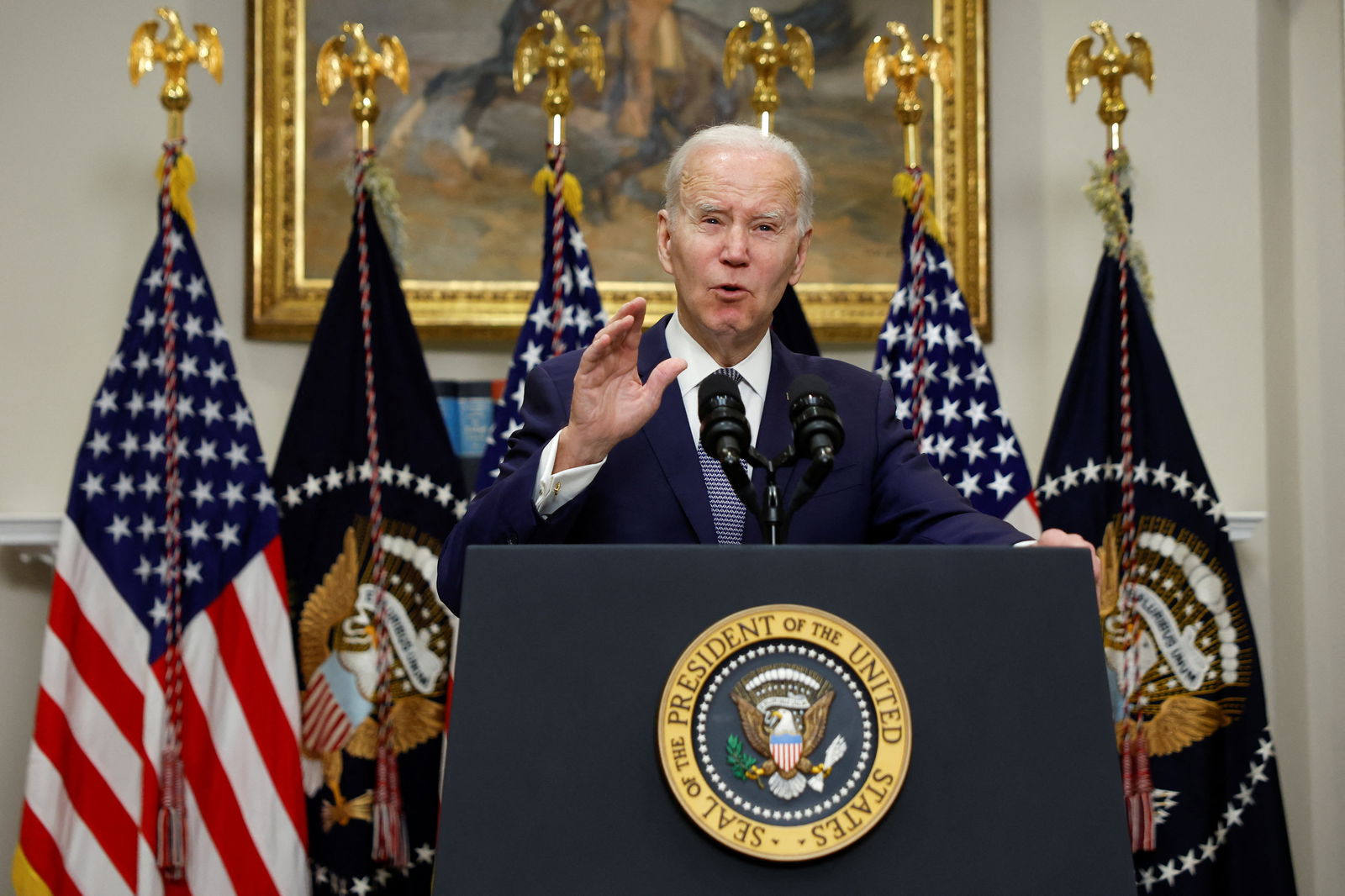 President Joe Biden delivers remarks on the banking crisis after the collapse of Silicon Valley Bank and Signature Bank, in the Roosevelt Room at the White House in Washington, D.C.,  March 13, 2023.