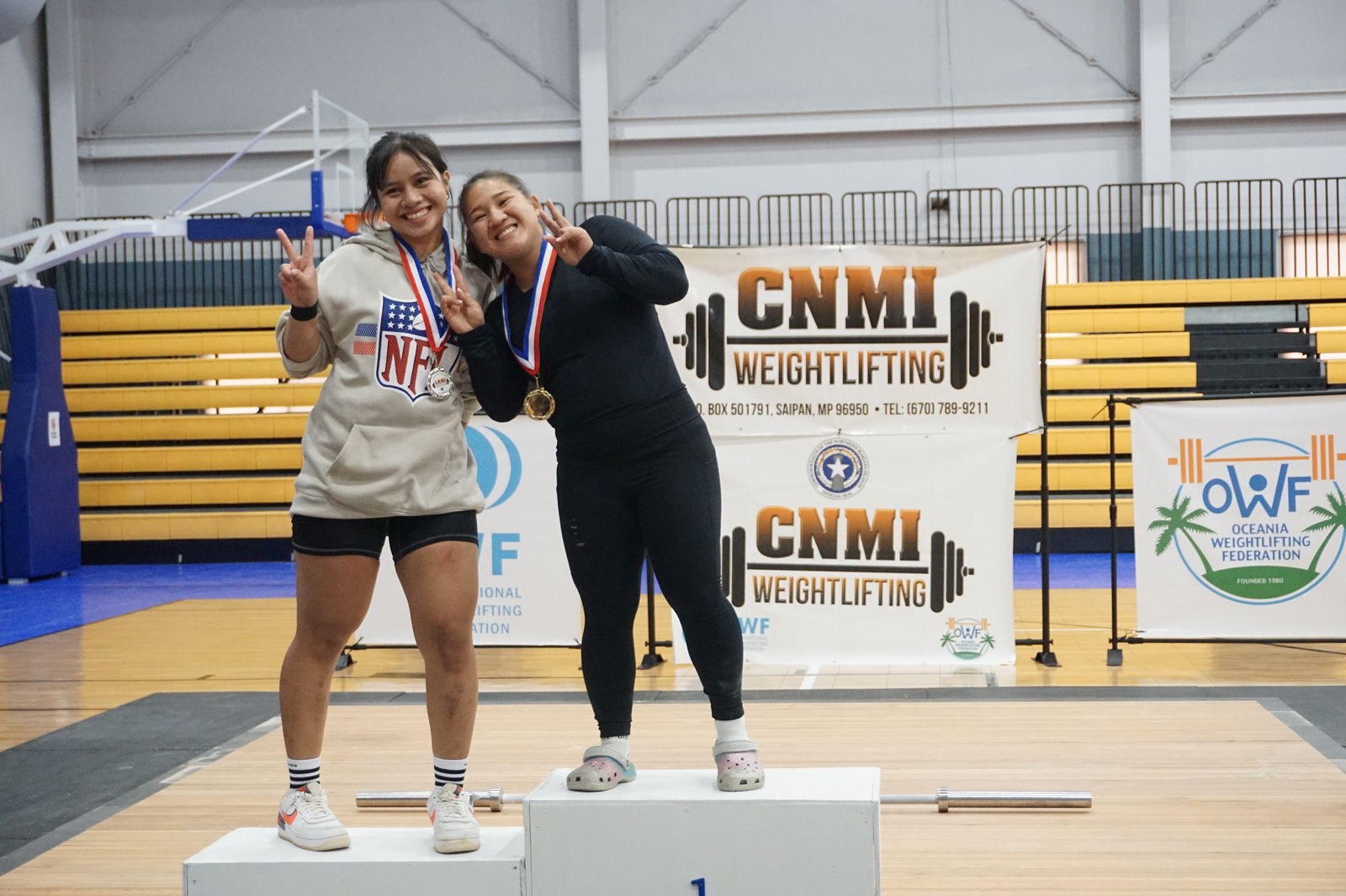 Jacinta Sumagaysay and Anniegail Manuel finished first and second in the open division 71kg weight class of the Marianas Cup 2023 Saturday at the Ada gym.