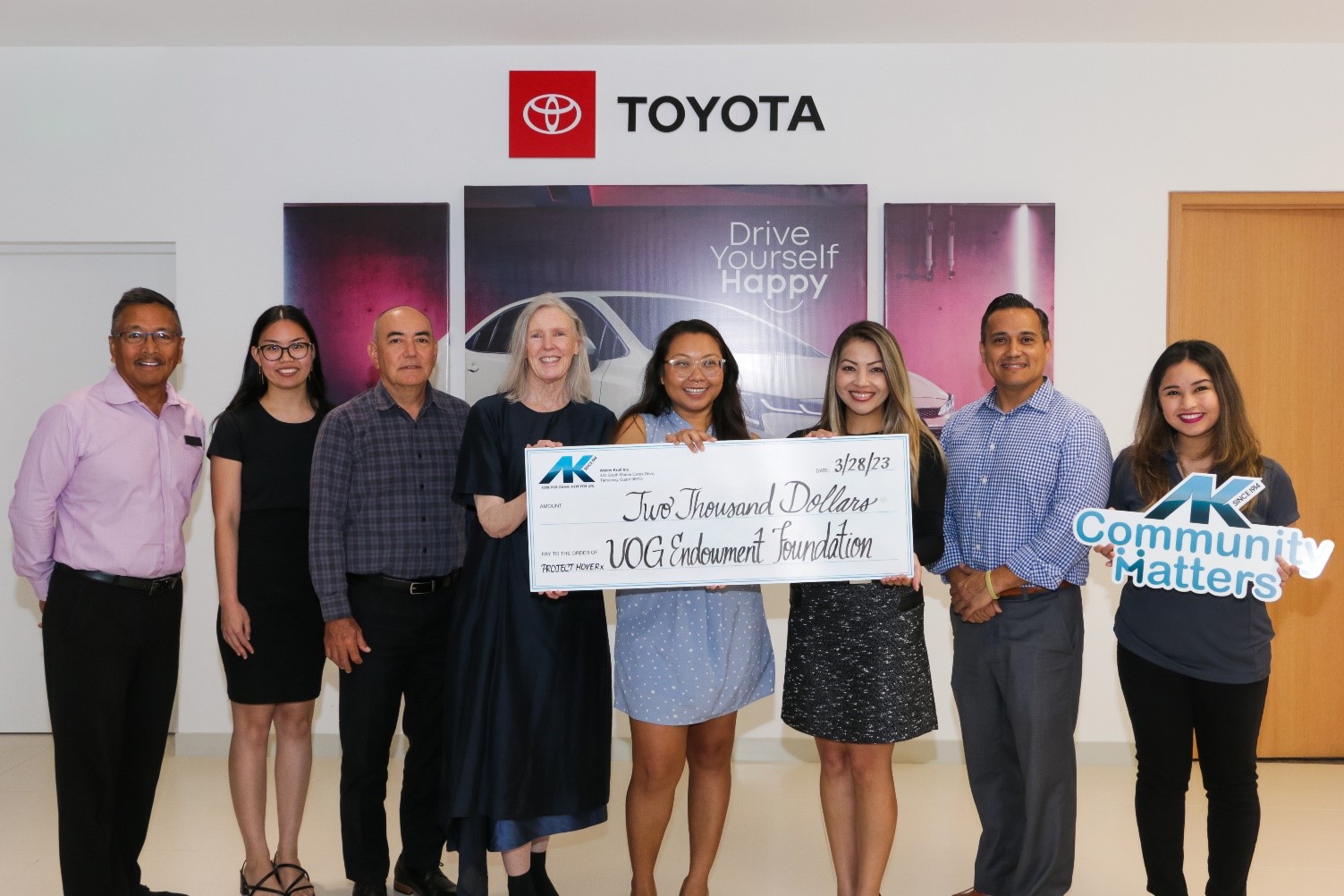 Atkins Kroll donates $2,000 to UOG’s Professional Master of Business Administration or PMBA Cohort XVIII to support Capstone Project: HOVERx. The Cohort’s proof-of-concept project intends to demonstrate the ability to utilize drones for the delivery of preventative healthcare items to remote areas of the state of Pohnpei. From left, Ernie Galito, AK business development director; Michelle Puno, PMBA capstone project manager; Tom Mazzei, AK sales director; Dr. Roseann Jones, UOG School of Business and Public Administration interim dean; Hazel Estrellado, PMBA capstone project manager; Trina Cruz, AK marketing and communications director; Charlie Hermosa, PMBA capstone advisor; and Camarin Cabral, PMBA candidate.