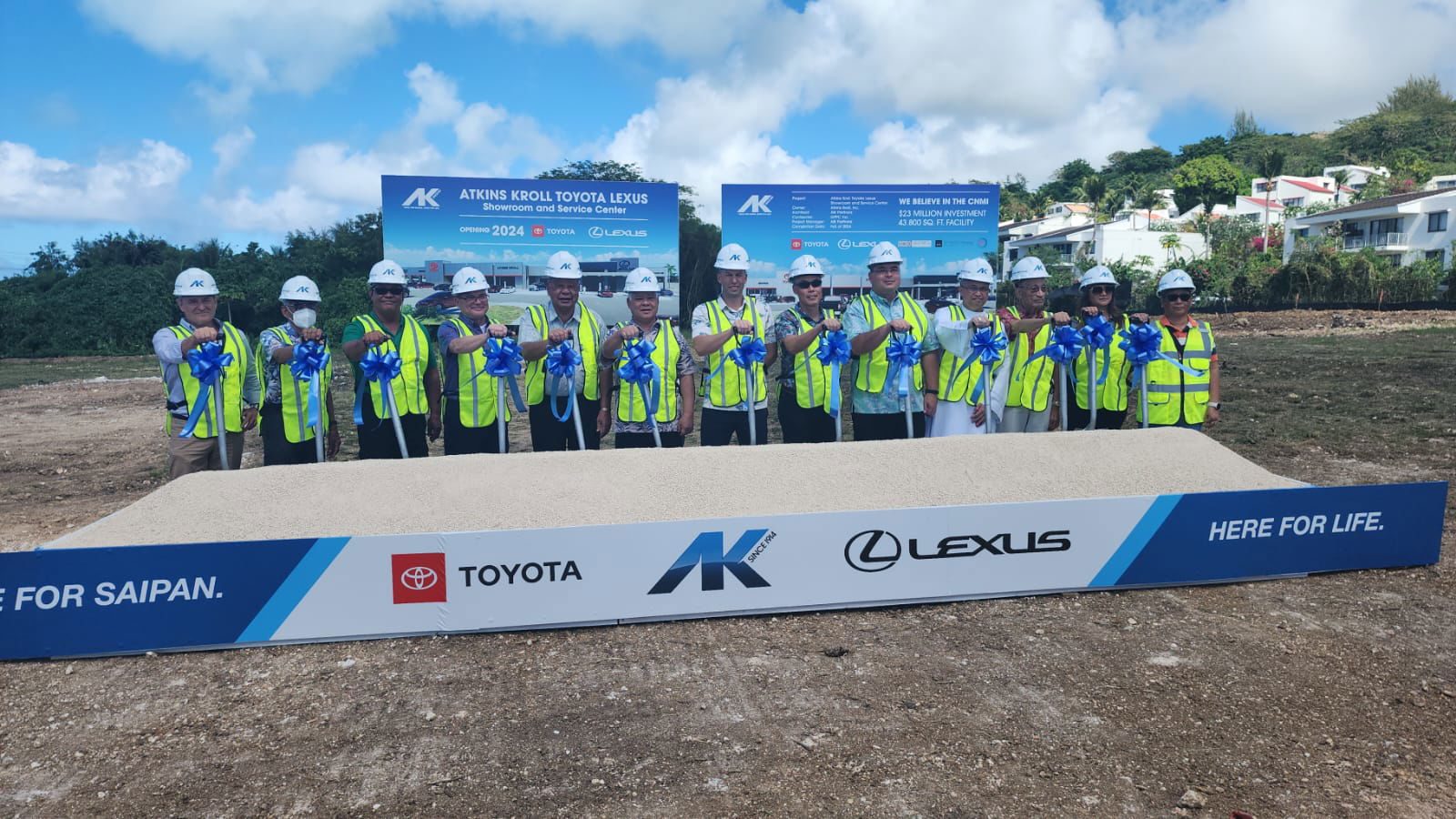 Gov. Arnold I. Palacios, Lt. Gov. David M. Apatang and other officials pose for a photo with Atkins Kroll executives during a groundbreaking ceremony in Puerto Rico on Friday.