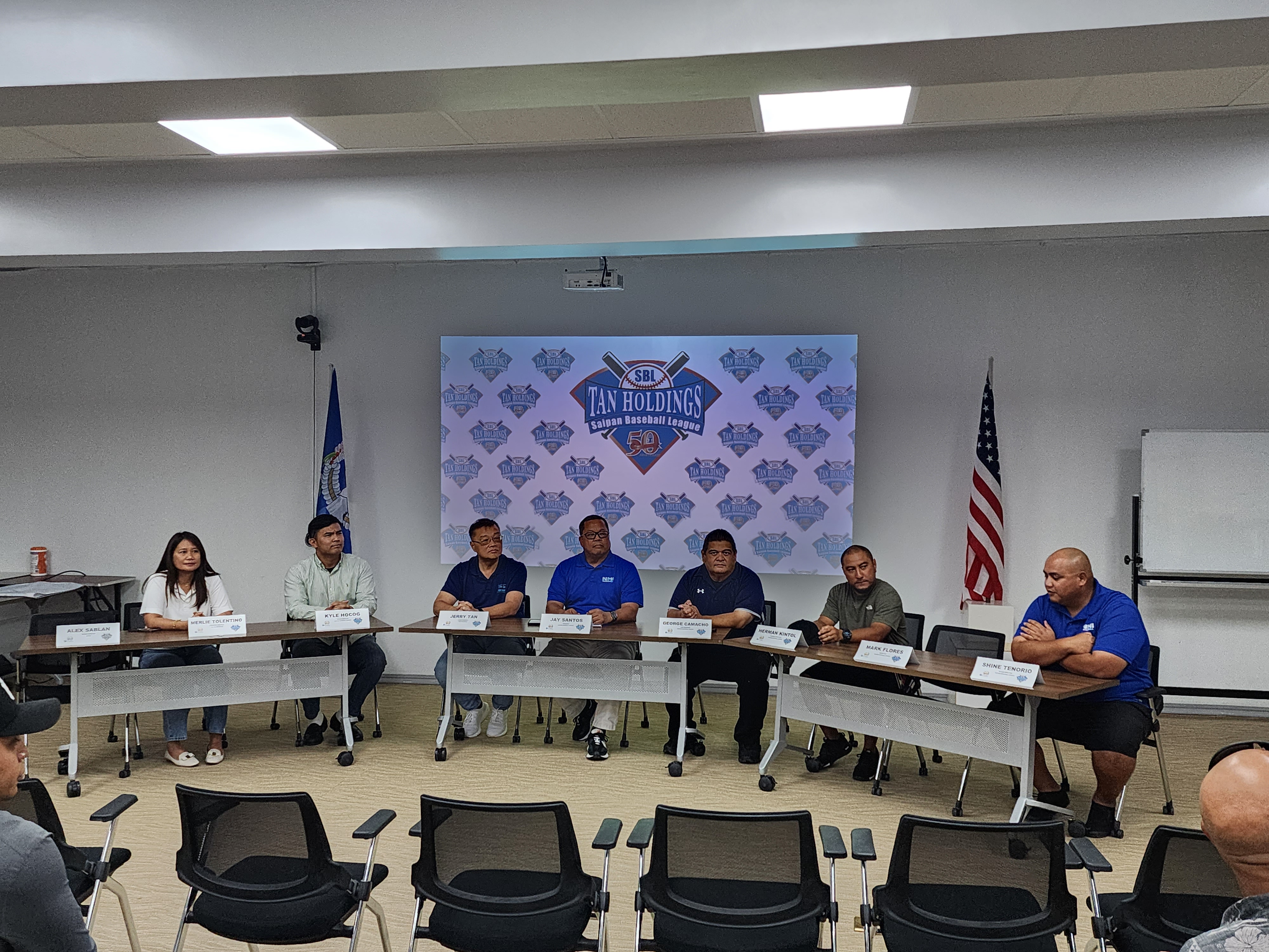 Saipan Baseball League President Jay Santos, center, holds a press conference with Tan Holdings President and CEO Jerry Tan, 3rd left, and SBL officials earlier this month regarding the upcoming baseball season.