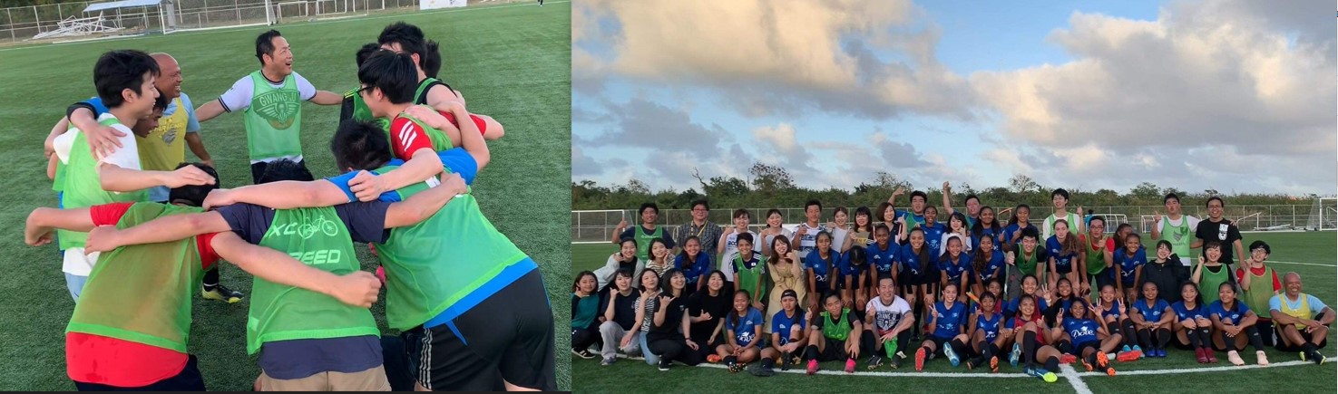 Left photo shows students and faculty members under the Japan’s University Network for Global Leadership Development huddle before playing in friendlies at the NMI Soccer Training Center in Koblerville in 2020.  Right picture shows the visiting Japanese group and NMI players and coaches gather for a group photo after their friendly matches.