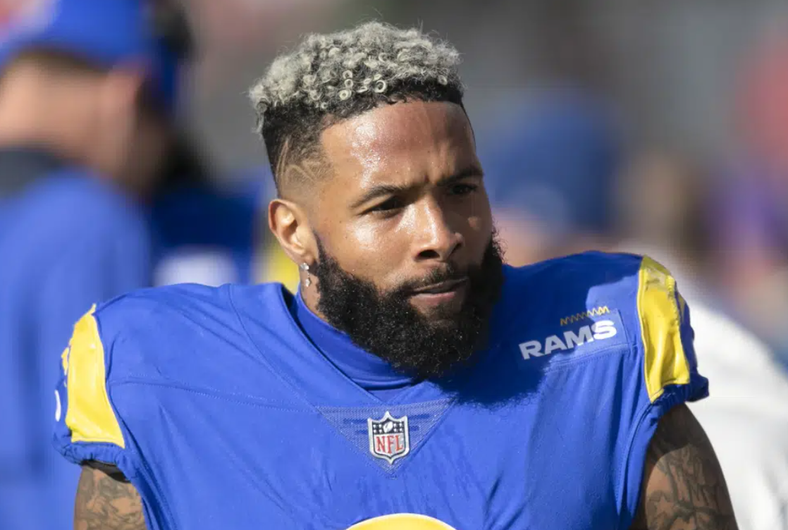 Los Angeles Rams wide receiver Odell Beckham Jr. walks on the sideline during a NFL divisional playoff football game against the Tampa Bay Buccaneers on Jan. 23, 2022, in Tampa, Fla.