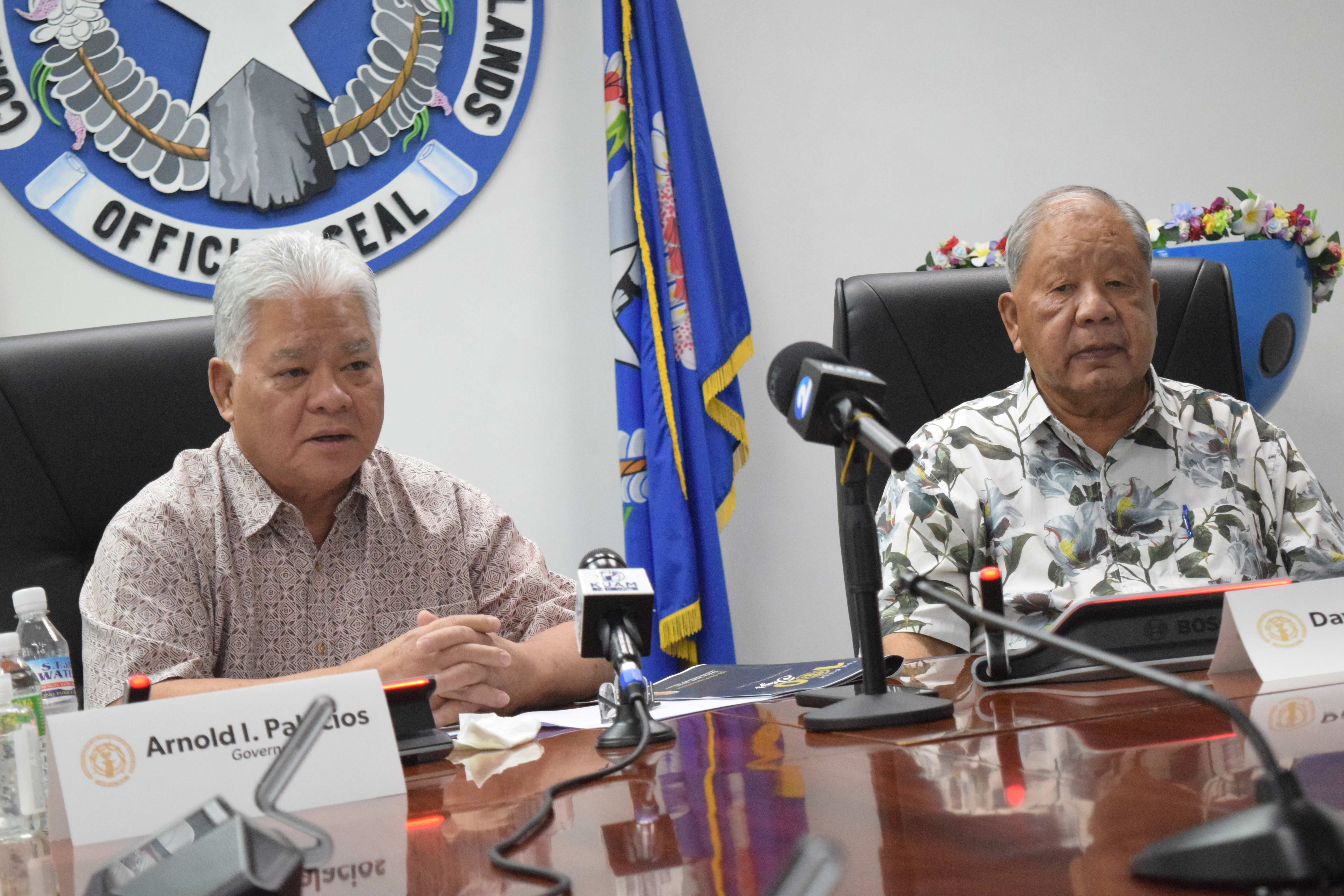 Gov. Arnold I. Palacios and Lt. Gov. David M. Apatang conduct a press conference Monday at the administration building on Capital Hill.