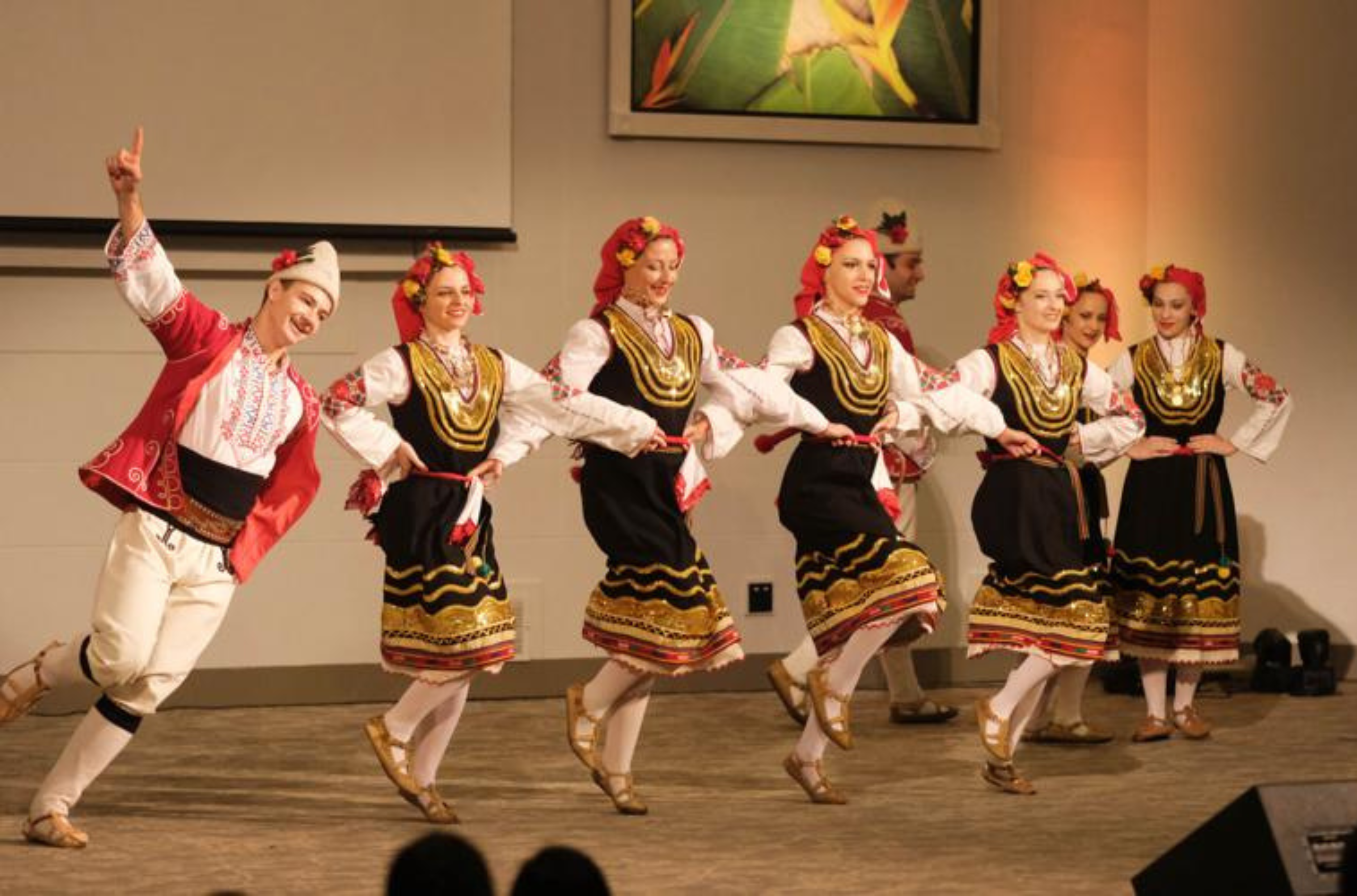 Cast members of the renowned Ensemble Sofia 6, a Bulgarian dance troupe, perform during a special assembly for students at Harvest Christian Academy on Friday morning, April 28, 2023. Ensemble Sofia 6 are featured performers in the ongoing Mariana Islands International Dance and Art Festival, a free event taking place in several regions of the island this weekend. 
