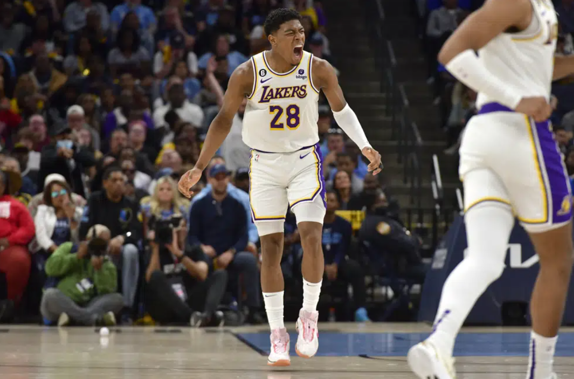 Los Angeles Lakers forward Rui Hachimura (28) reacts during Game 1 of a first-round NBA basketball playoff series against the Memphis Grizzlies, Sunday, April 16, 2023, in Memphis, Tenn.